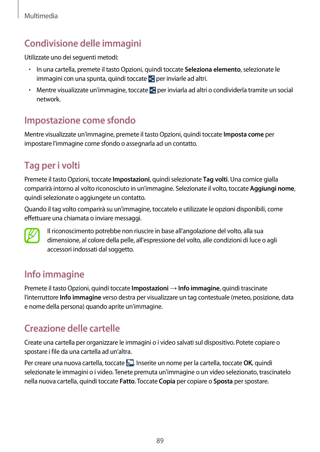 Samsung GT-I9295ZBATUR manual Condivisione delle immagini, Impostazione come sfondo, Tag per i volti, Info immagine 