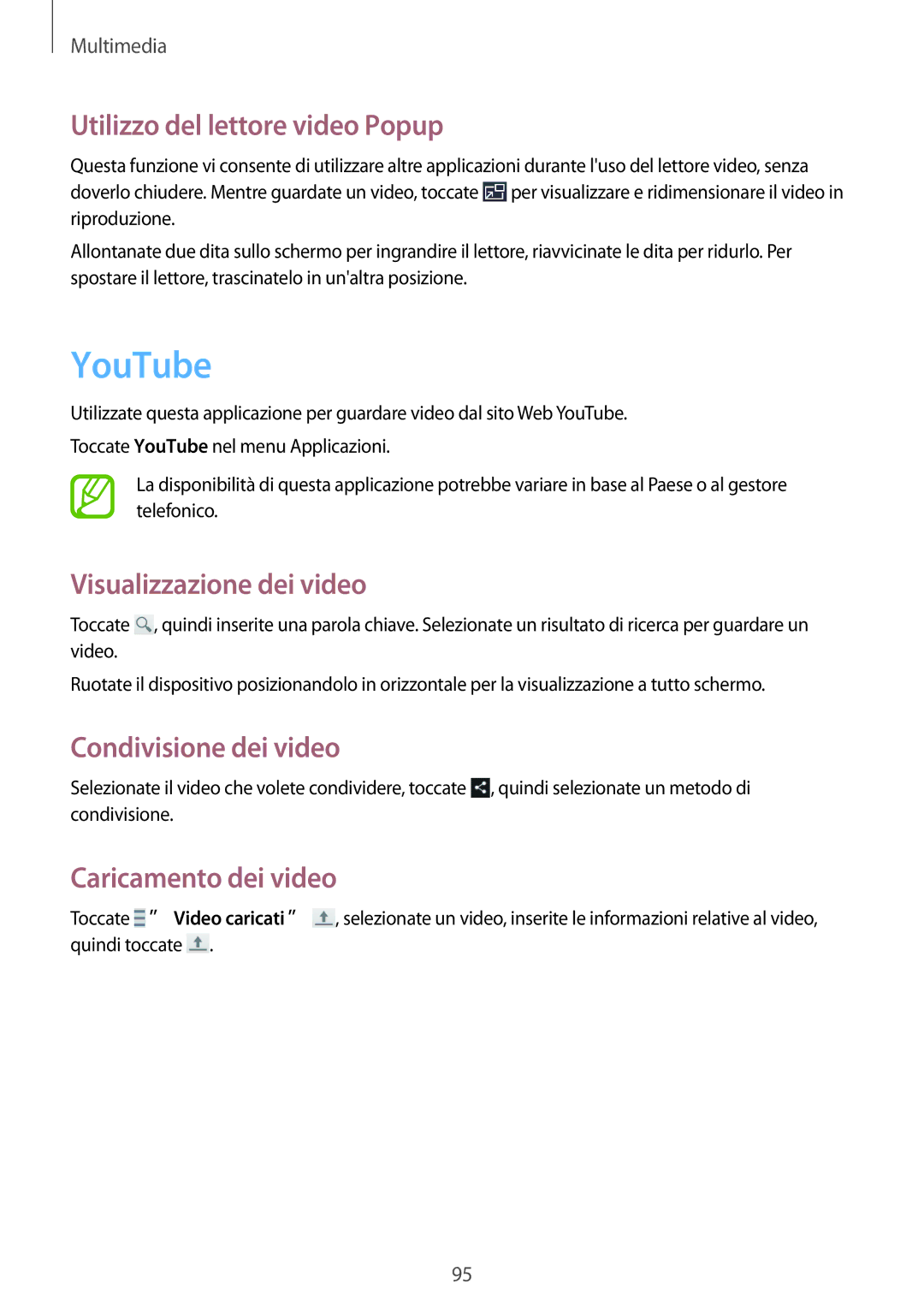 Samsung GT-I9295ZBAITV manual YouTube, Utilizzo del lettore video Popup, Visualizzazione dei video, Caricamento dei video 