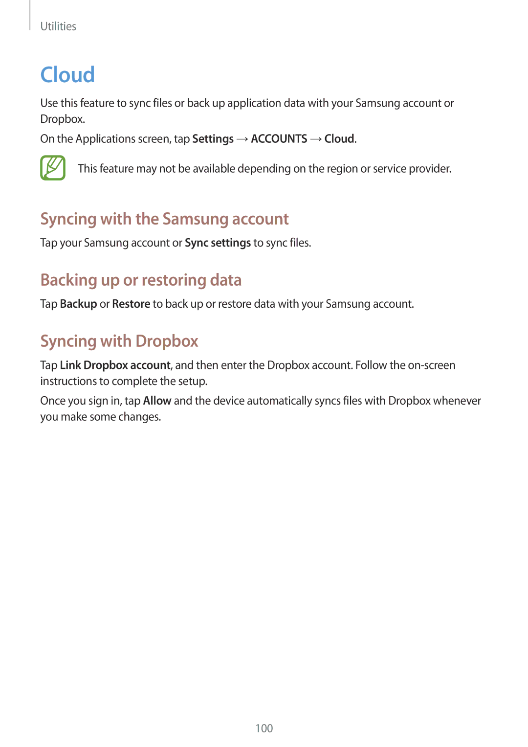 Samsung GT-I9295ZAANEE manual Cloud, Syncing with the Samsung account, Backing up or restoring data, Syncing with Dropbox 