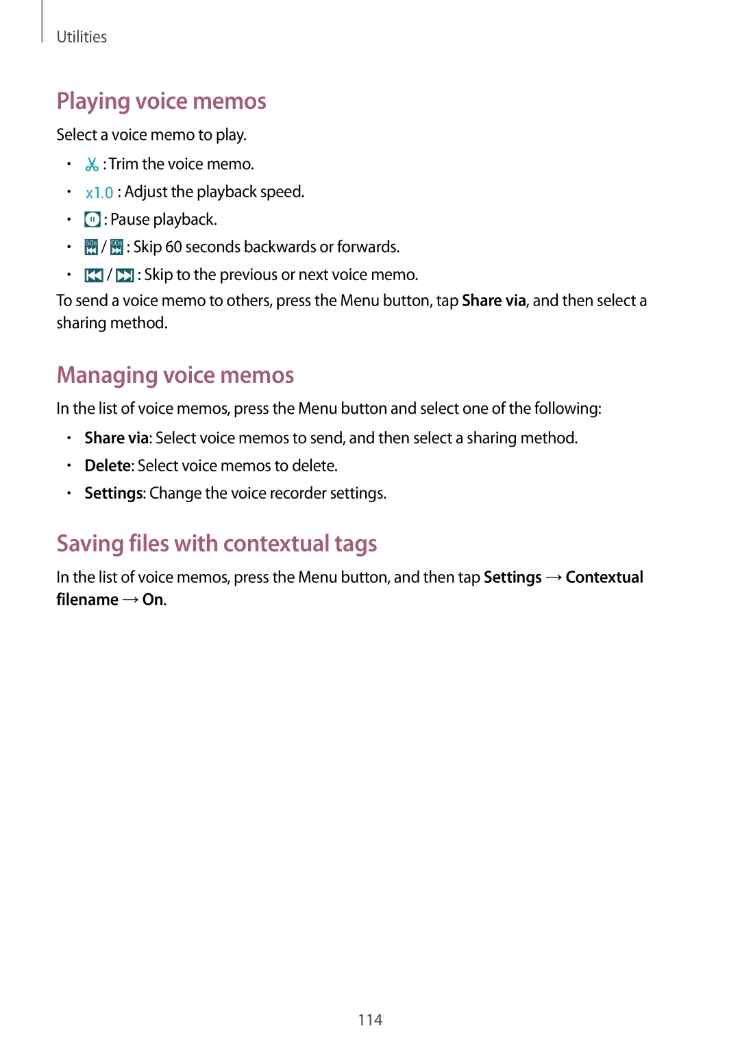 Samsung GT-I9295ZAAVIA, GT-I9295ZOATUR manual Playing voice memos, Managing voice memos, Saving files with contextual tags 