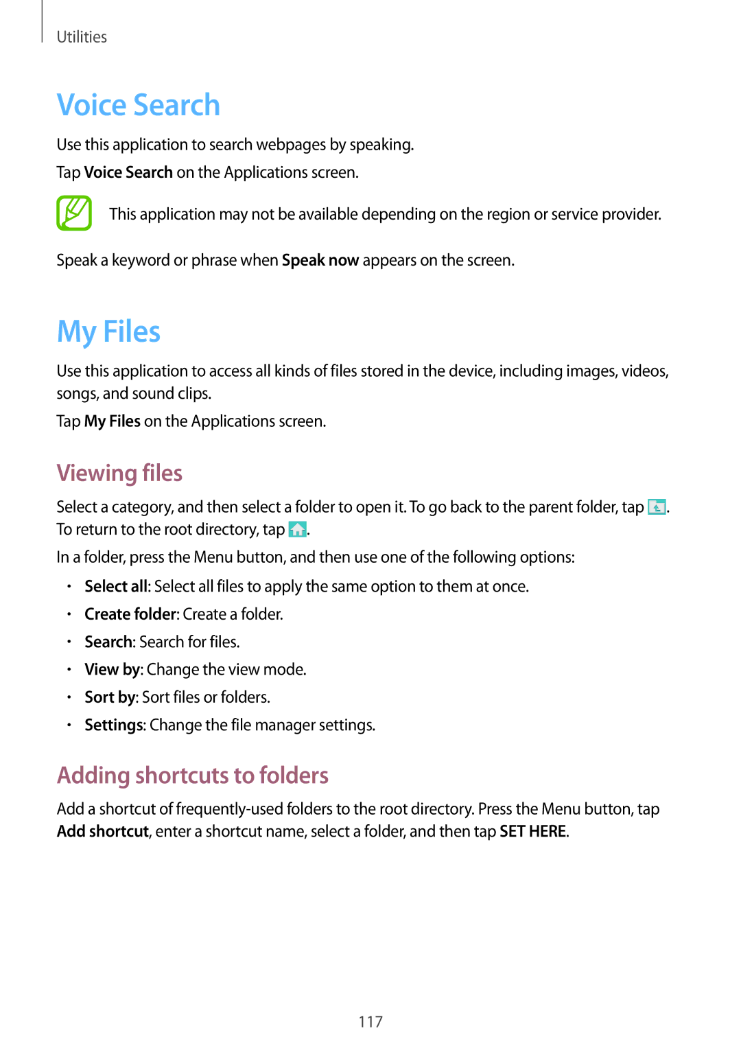 Samsung GT-I9295ZAADBT, GT-I9295ZAAVIA, GT-I9295ZOATUR, GT-I9295ZAAITV Voice Search, My Files, Adding shortcuts to folders 