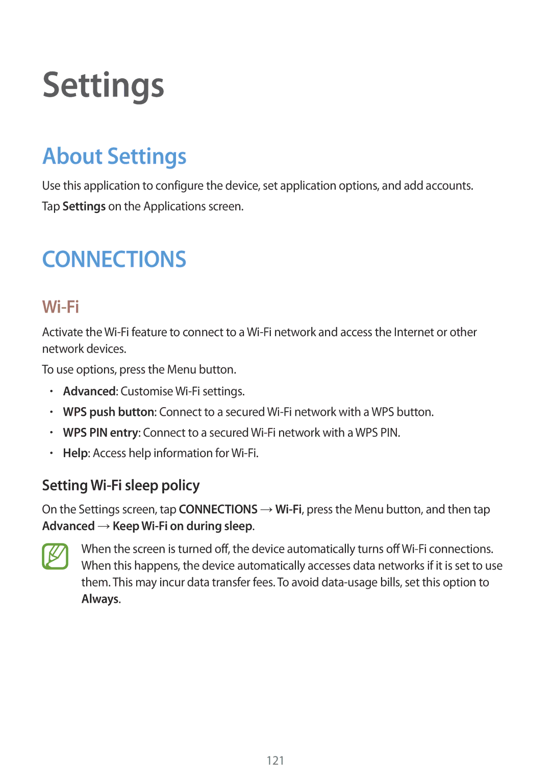 Samsung GT-I9295ZAADTM, GT-I9295ZAAVIA, GT-I9295ZOATUR, GT-I9295ZAAITV About Settings, Setting Wi-Fi sleep policy 