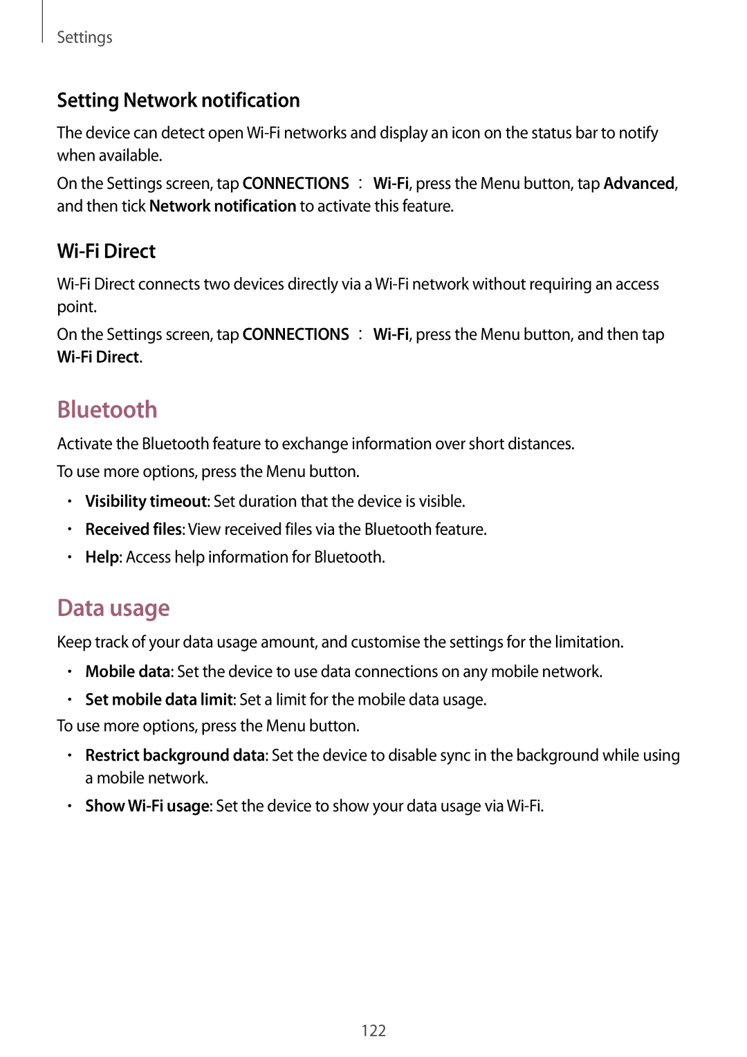 Samsung GT-I9295ZAAEUR, GT-I9295ZAAVIA, GT-I9295ZOATUR Bluetooth, Data usage, Setting Network notification, Wi-Fi Direct 