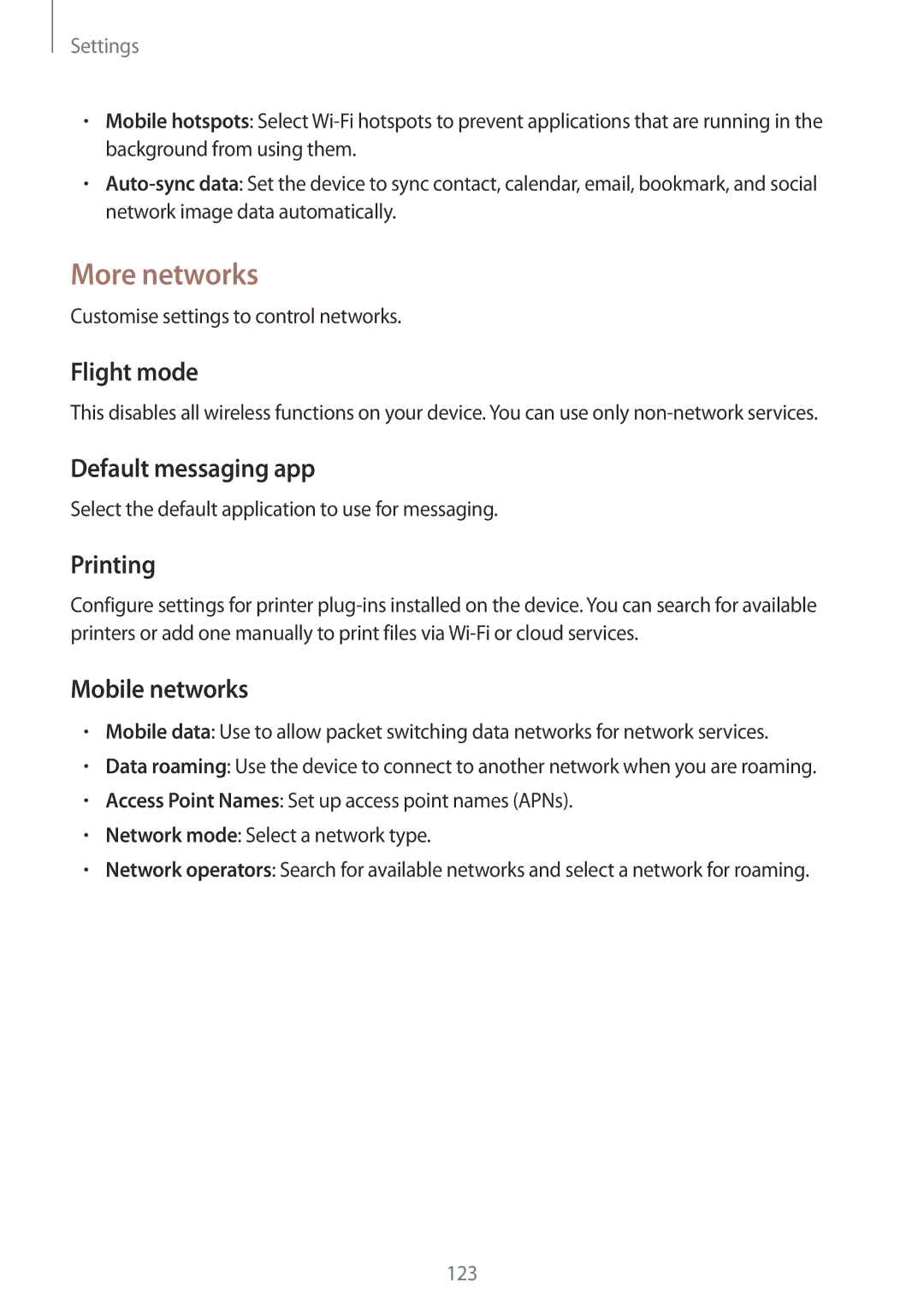 Samsung GT-I9295ZBADBT, GT-I9295ZAAVIA manual More networks, Flight mode, Default messaging app, Printing, Mobile networks 