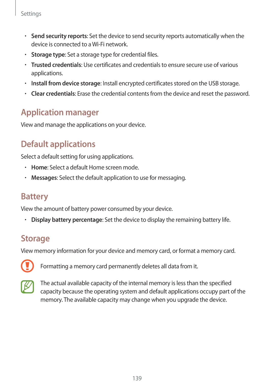 Samsung GT-I9295ZBASEE, GT-I9295ZAAVIA, GT-I9295ZOATUR manual Application manager, Default applications, Battery, Storage 