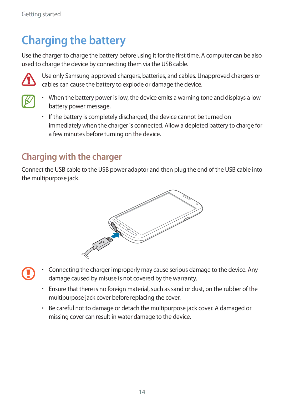 Samsung GT-I9295ZAATIM, GT-I9295ZAAVIA, GT-I9295ZOATUR, GT-I9295ZAAITV manual Charging the battery, Charging with the charger 