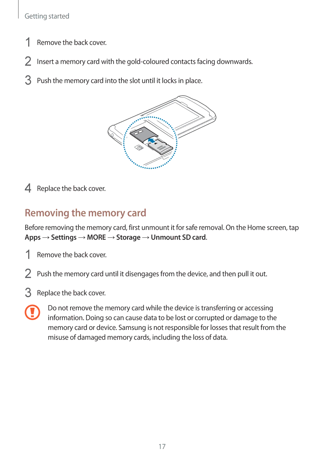 Samsung GT-I9295ZAAPHE, GT-I9295ZAAVIA, GT-I9295ZOATUR, GT-I9295ZAAITV, GT-I9295ZAADBT manual Removing the memory card 