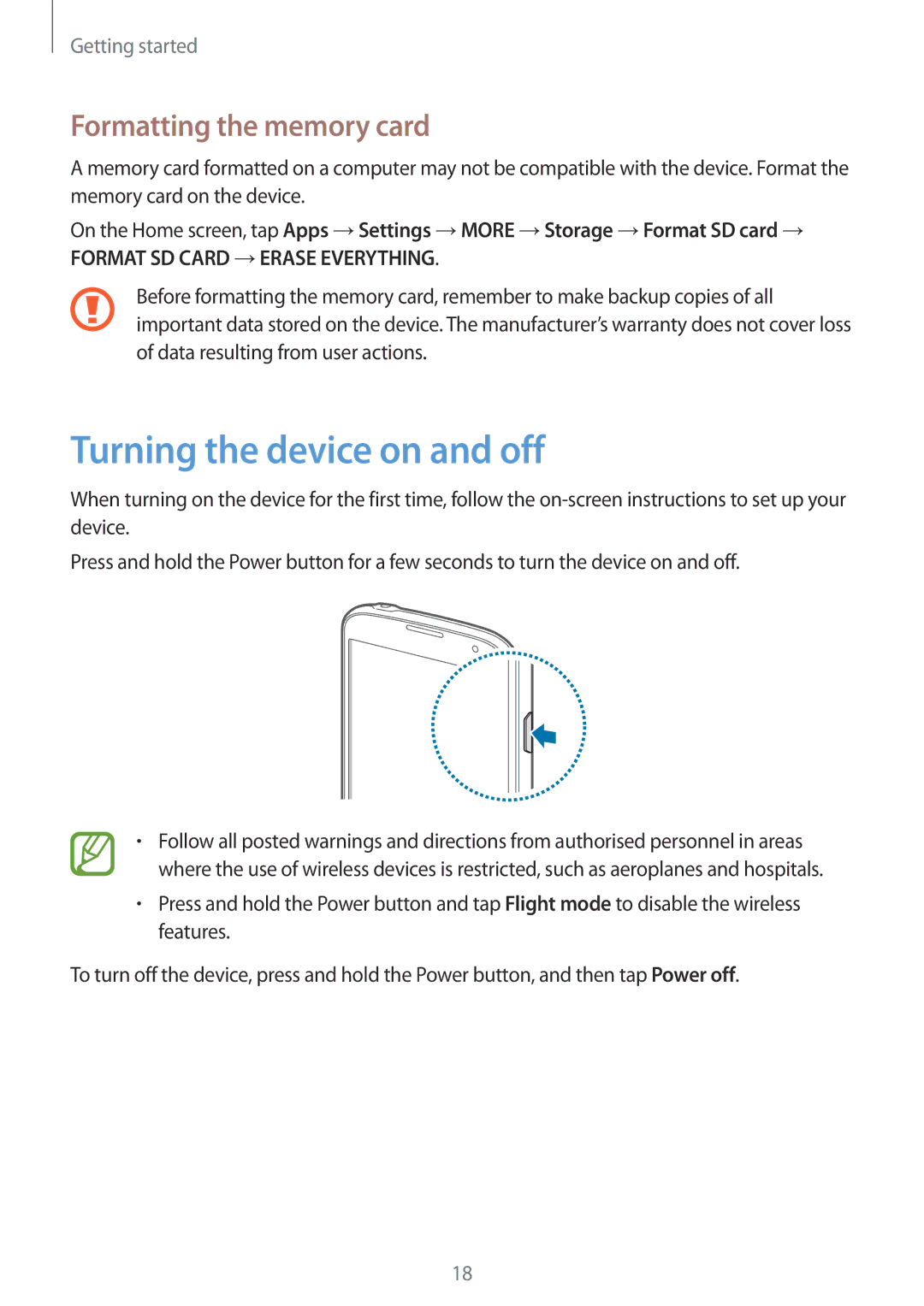 Samsung GT-I9295ZBAROM, GT-I9295ZAAVIA, GT-I9295ZOATUR manual Turning the device on and off, Formatting the memory card 