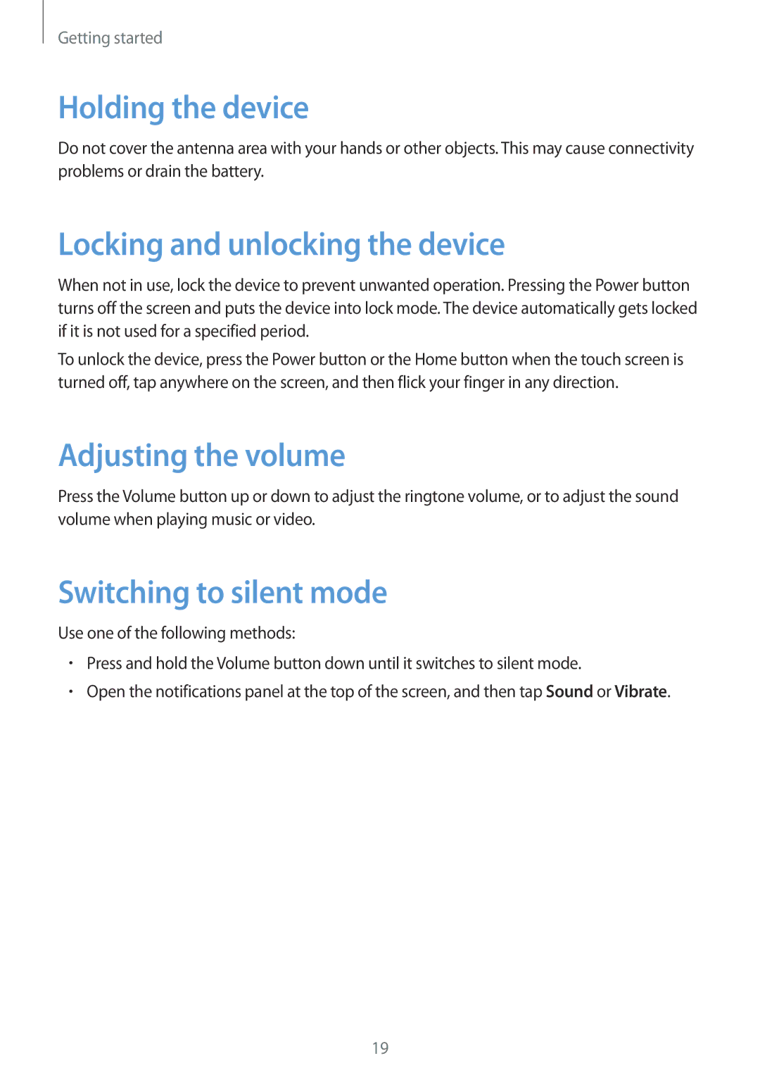 Samsung GT-I9295ZOAKSA, GT-I9295ZAAVIA manual Holding the device, Locking and unlocking the device, Adjusting the volume 