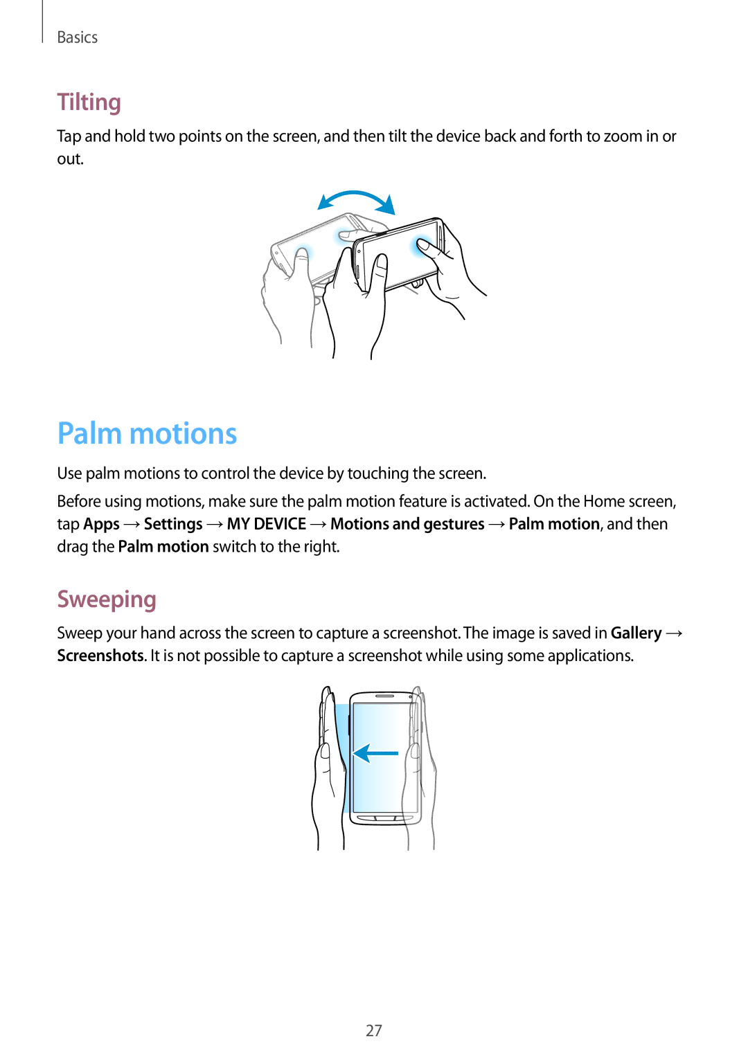 Samsung GT-I9295ZOATWO, GT-I9295ZAAVIA, GT-I9295ZOATUR, GT-I9295ZAAITV, GT-I9295ZAADBT manual Palm motions, Tilting, Sweeping 