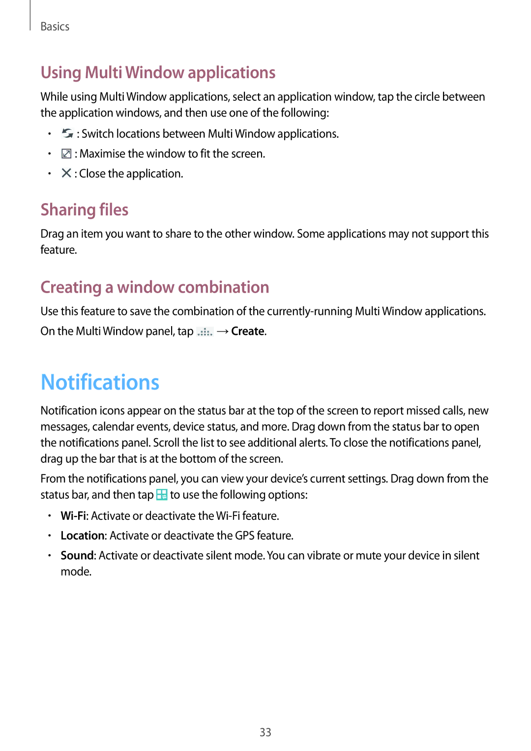 Samsung GT-I9295ZBAETL manual Notifications, Using Multi Window applications, Sharing files, Creating a window combination 