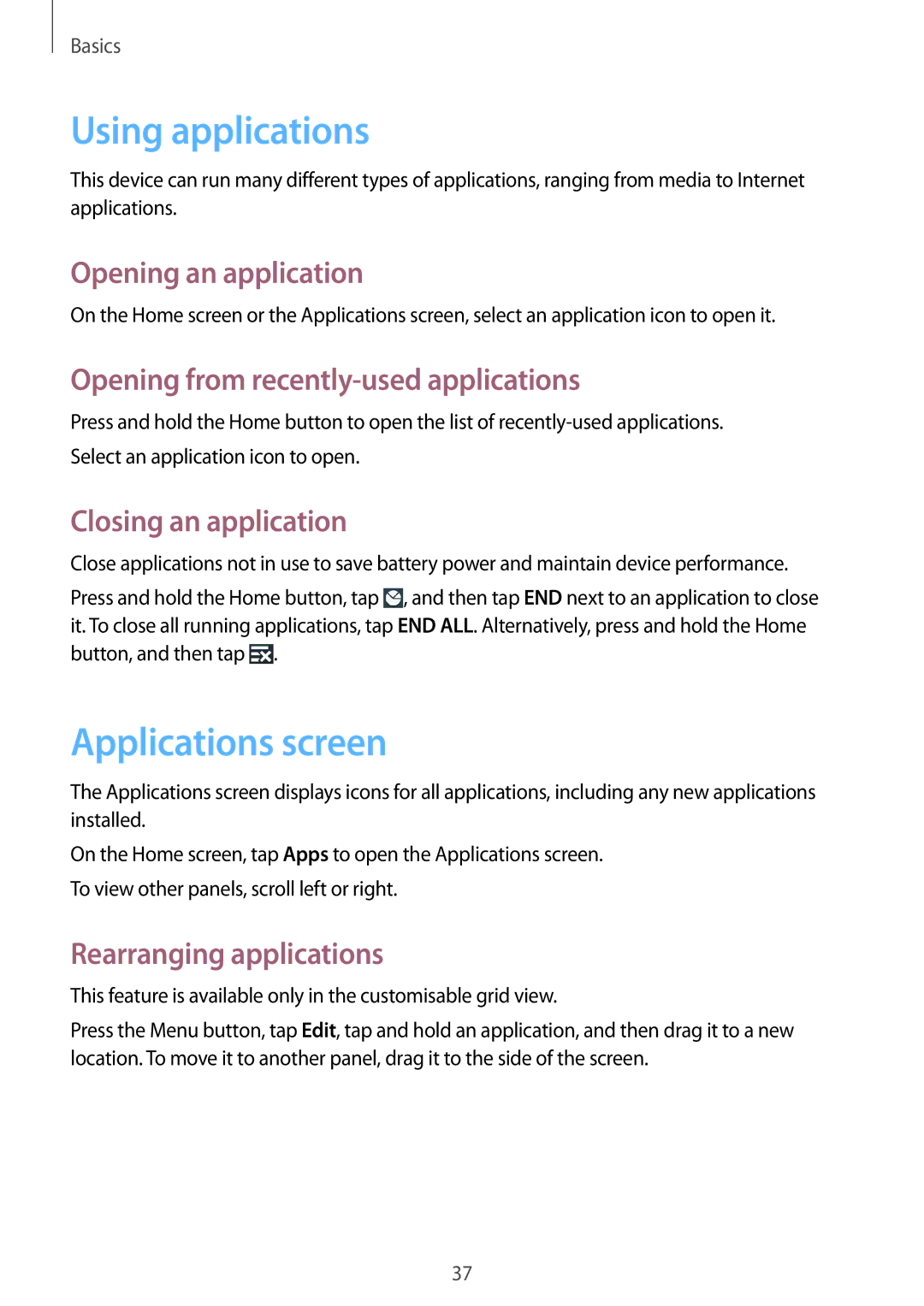 Samsung GT-I9295ZAAETL, GT-I9295ZAAVIA, GT-I9295ZOATUR, GT-I9295ZAAITV manual Using applications, Applications screen 