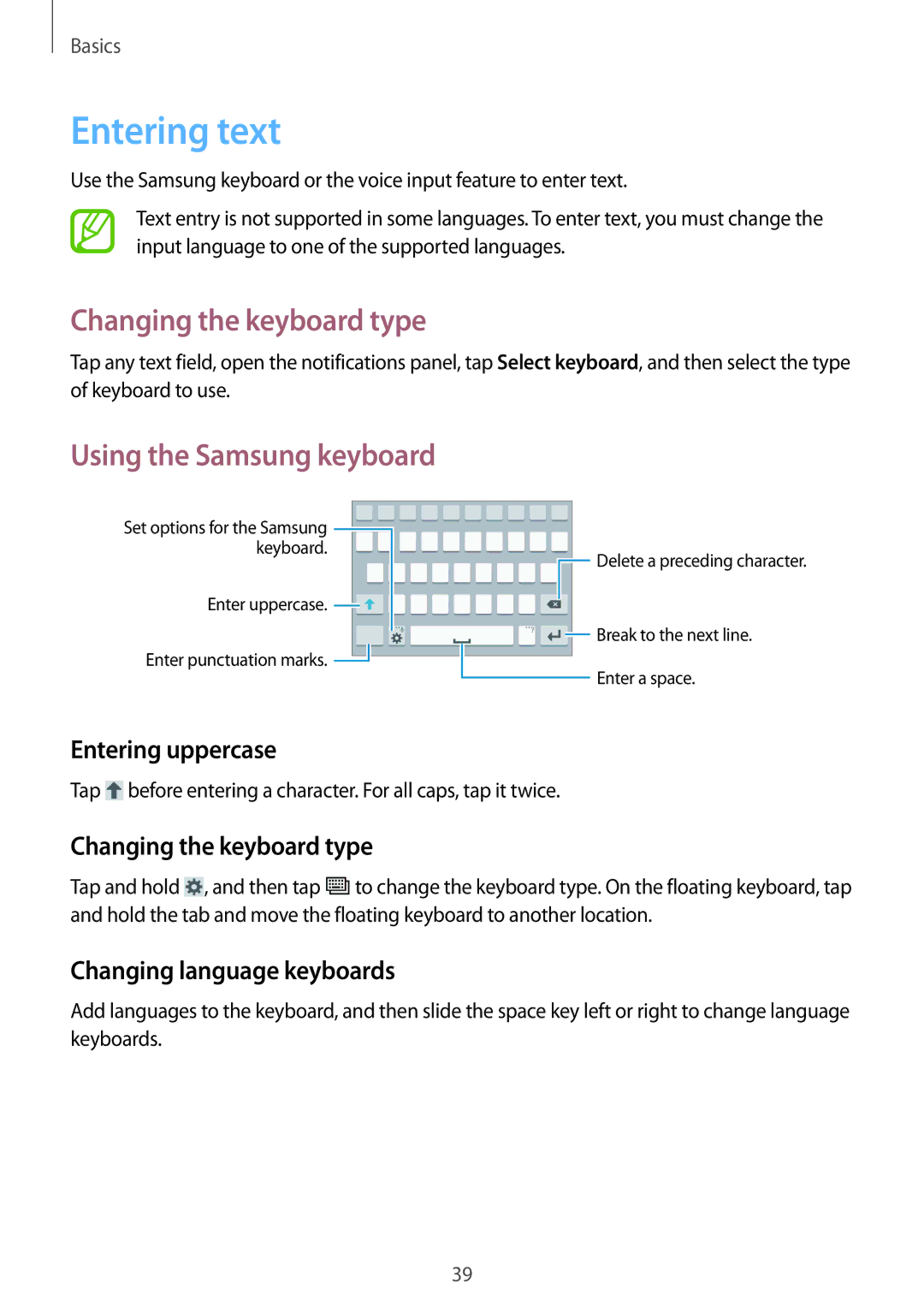 Samsung GT-I9295ZBAORL, GT-I9295ZAAVIA manual Entering text, Changing the keyboard type, Using the Samsung keyboard 