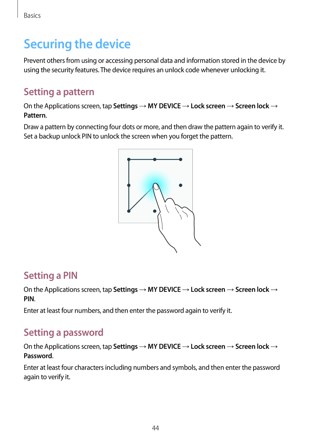 Samsung GT-I9295ZOANEE, GT-I9295ZAAVIA manual Securing the device, Setting a pattern, Setting a PIN, Setting a password 