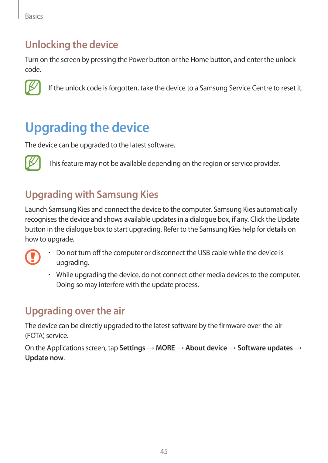 Samsung GT-I9295ZOASEB Upgrading the device, Unlocking the device, Upgrading with Samsung Kies, Upgrading over the air 