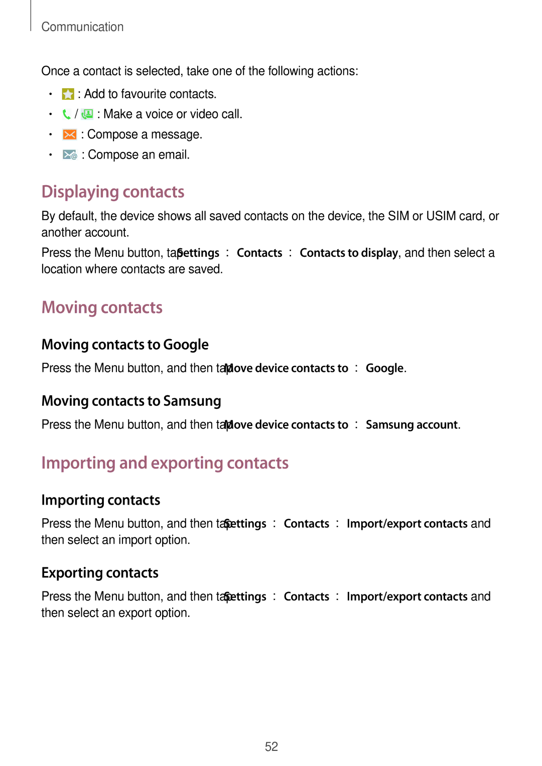 Samsung GT-I9295ZOAXEH, GT-I9295ZAAVIA manual Displaying contacts, Moving contacts, Importing and exporting contacts 