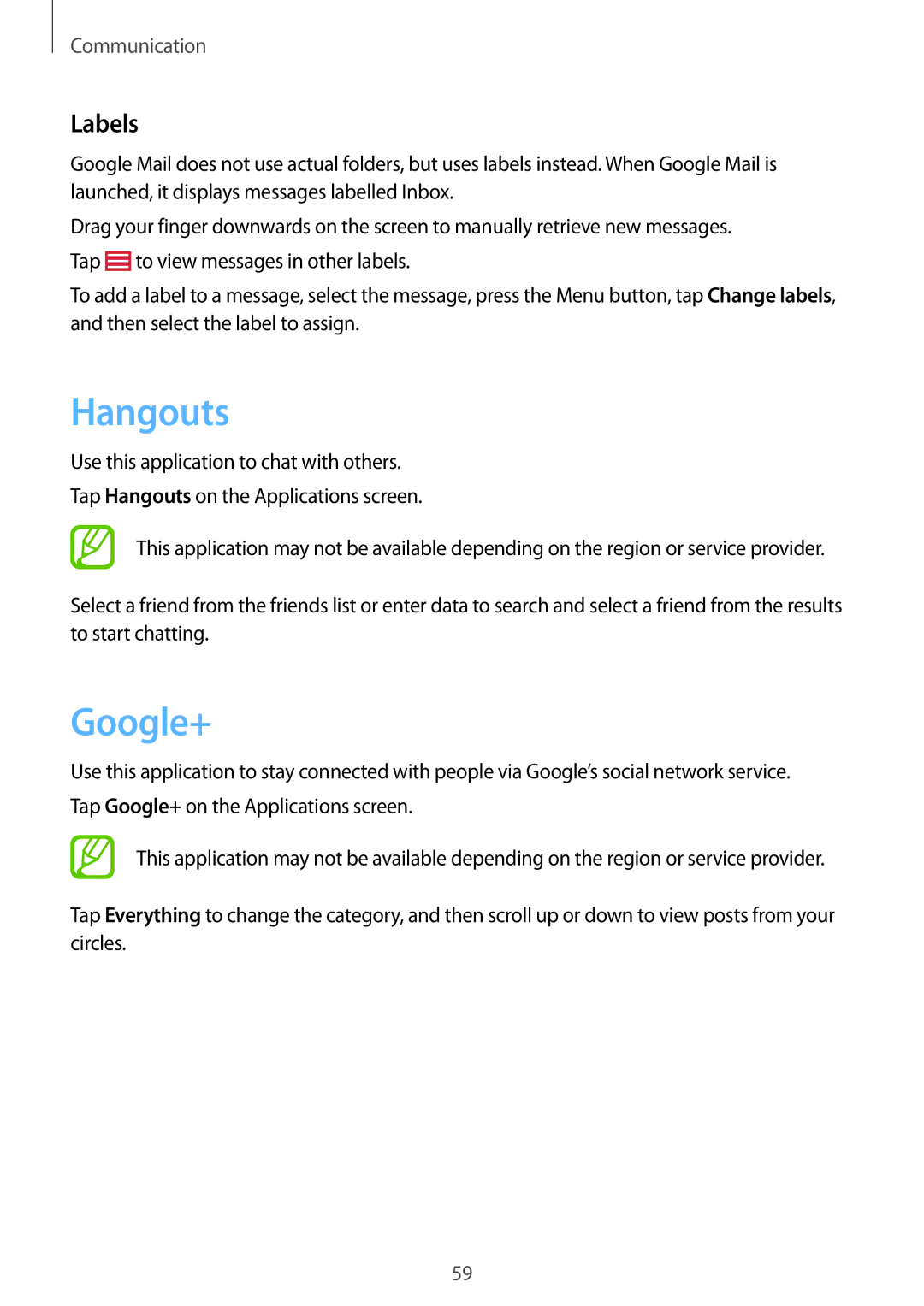 Samsung GT-I9295ZAAITV, GT-I9295ZAAVIA, GT-I9295ZOATUR, GT-I9295ZAADBT, GT-I9295ZAATPH manual Hangouts, Google+, Labels 
