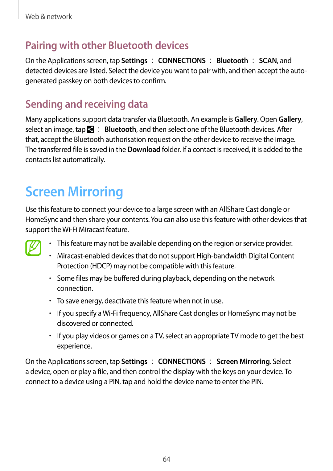 Samsung GT-I9295ZAADTM, GT-I9295ZAAVIA Screen Mirroring, Pairing with other Bluetooth devices, Sending and receiving data 