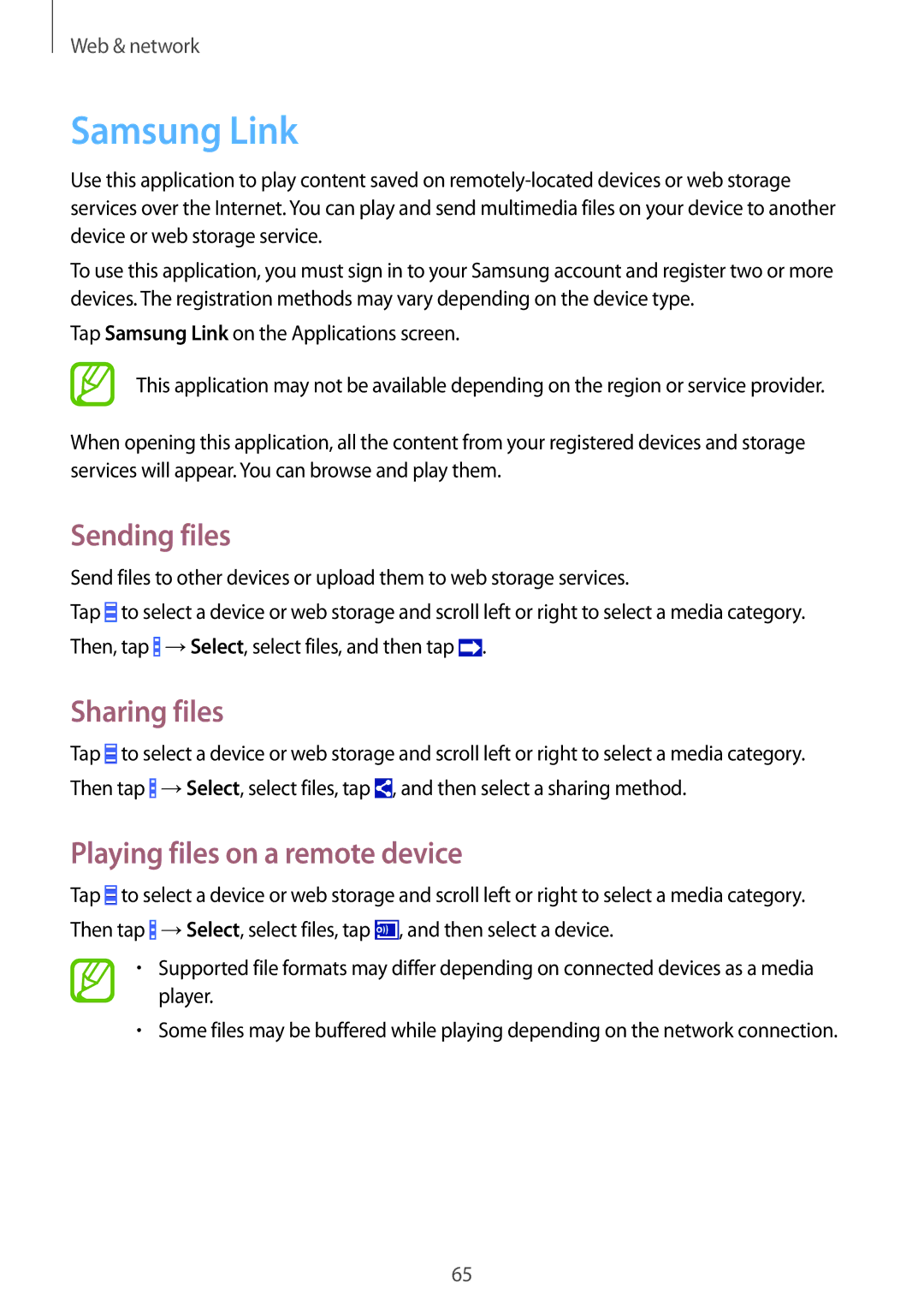 Samsung GT-I9295ZAAEUR, GT-I9295ZAAVIA, GT-I9295ZOATUR manual Samsung Link, Sending files, Playing files on a remote device 
