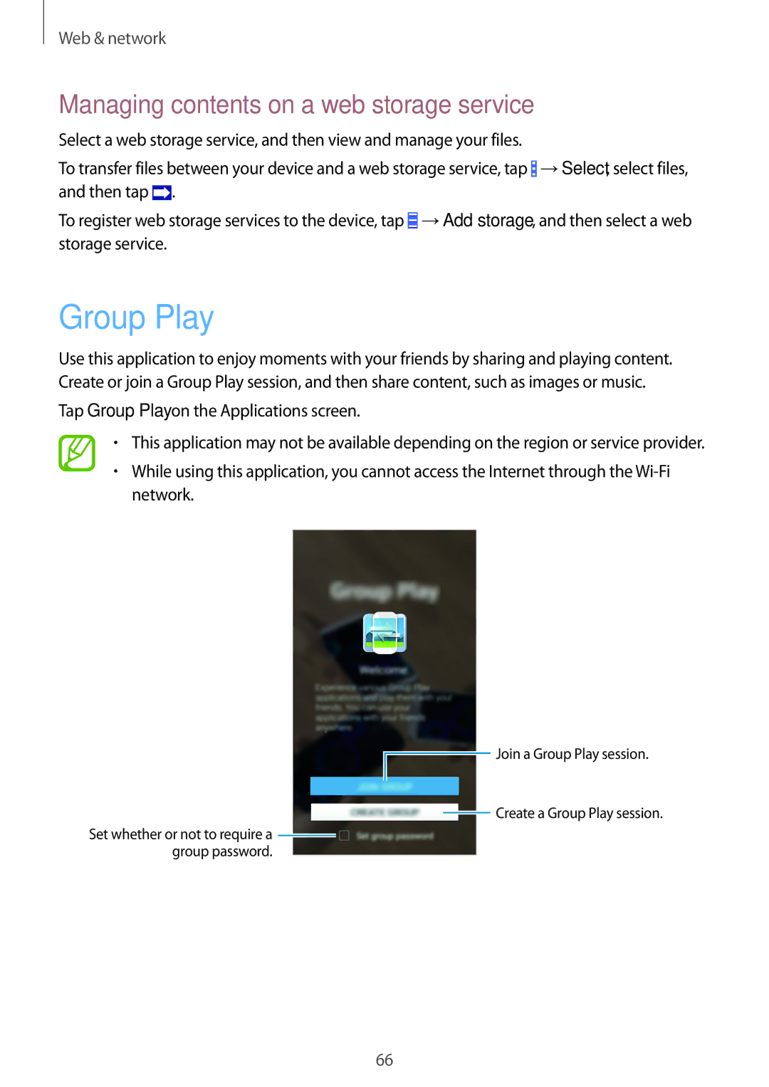 Samsung GT-I9295ZBADBT, GT-I9295ZAAVIA, GT-I9295ZOATUR manual Group Play, Managing contents on a web storage service 