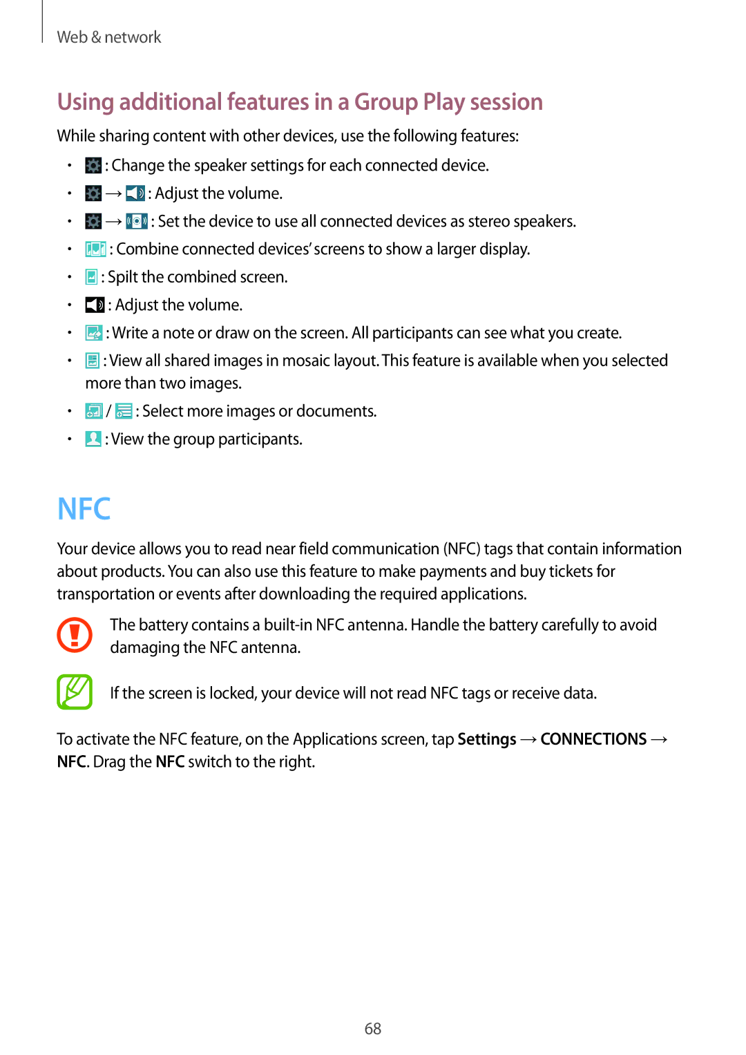 Samsung GT-I9295ZAATUR, GT-I9295ZAAVIA, GT-I9295ZOATUR manual Nfc, Using additional features in a Group Play session 