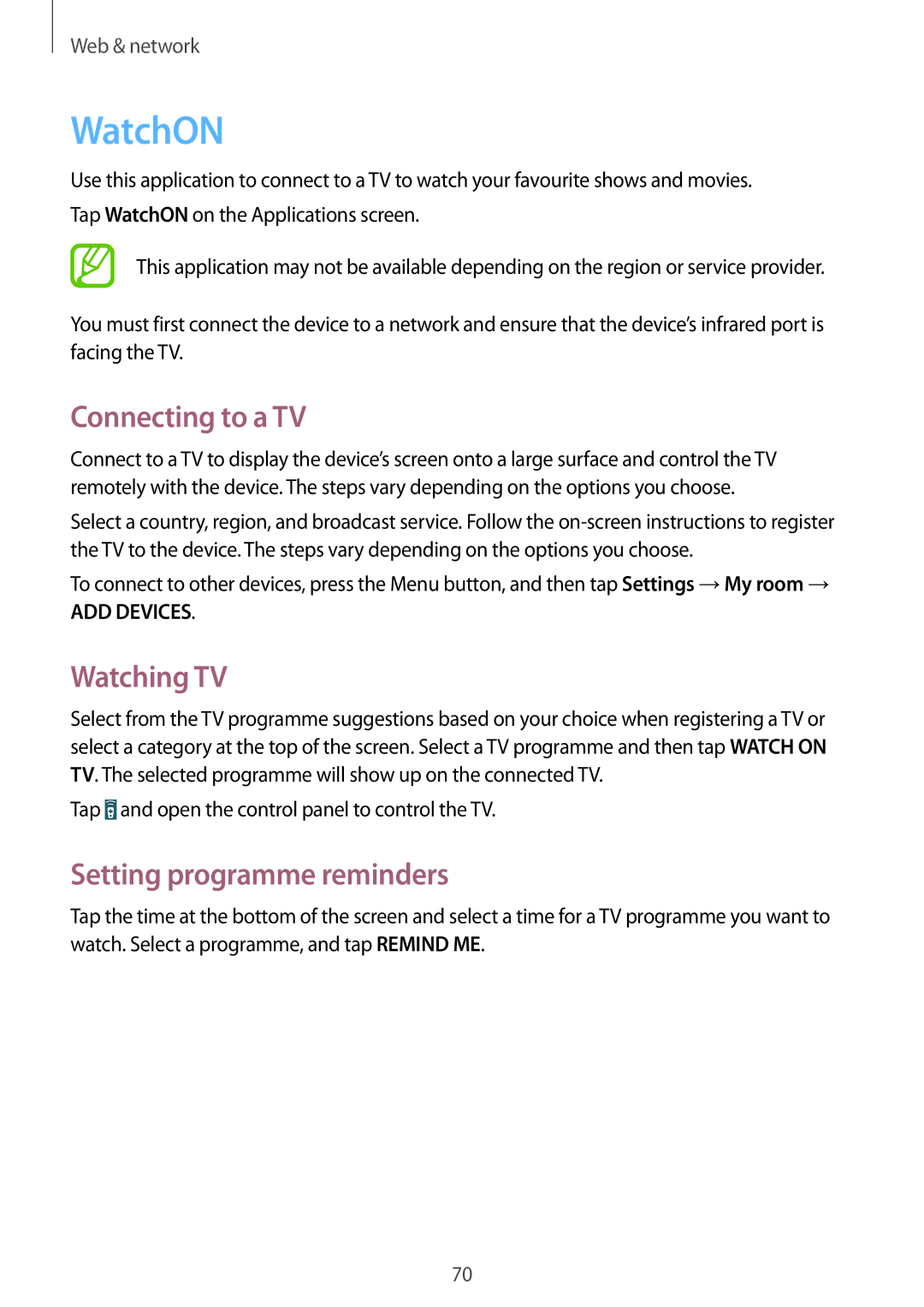 Samsung GT-I9295ZOAITV, GT-I9295ZAAVIA manual WatchON, Connecting to a TV, Watching TV, Setting programme reminders 