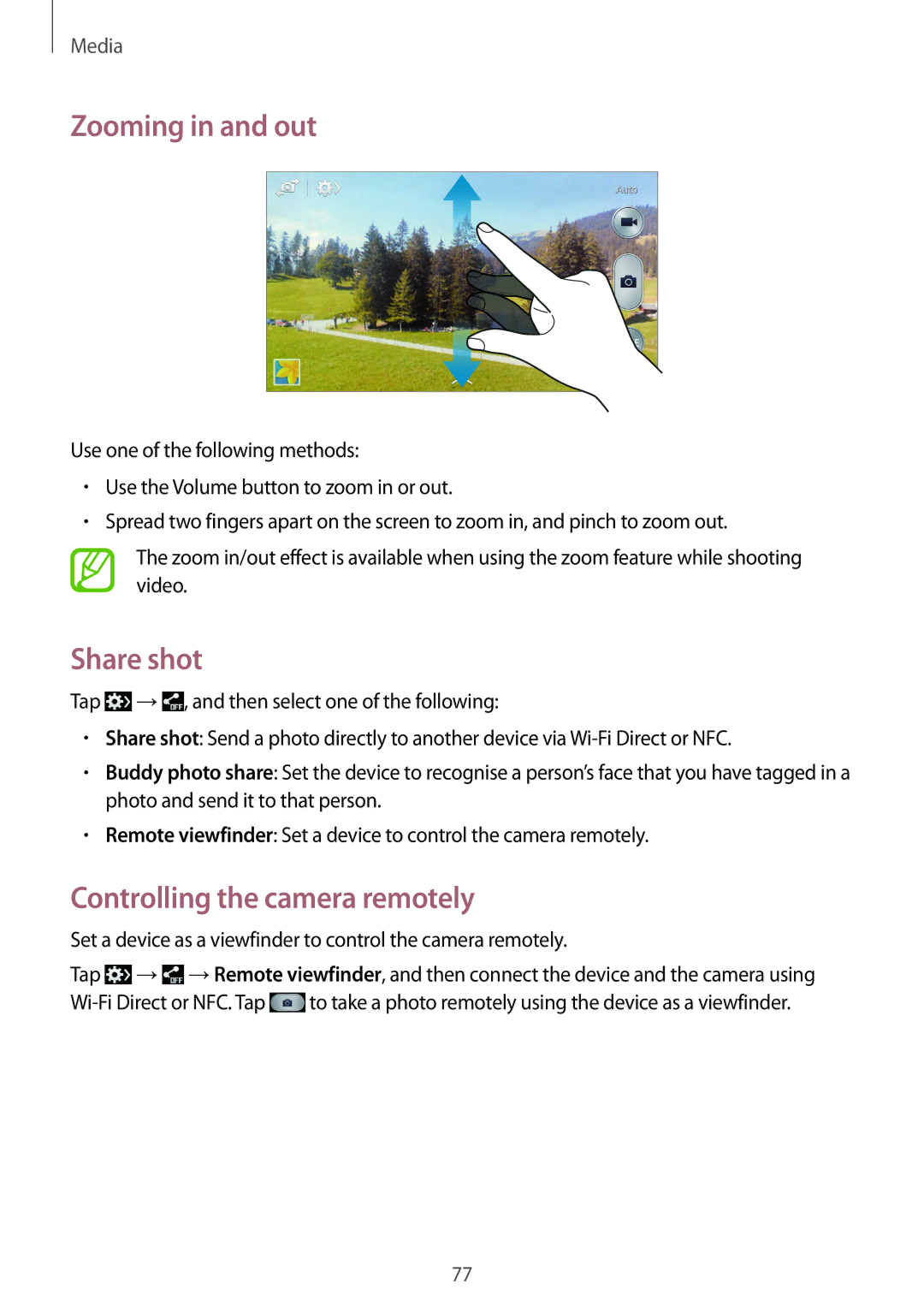 Samsung GT-I9295ZAAKSA, GT-I9295ZAAVIA, GT-I9295ZOATUR manual Zooming in and out, Share shot, Controlling the camera remotely 