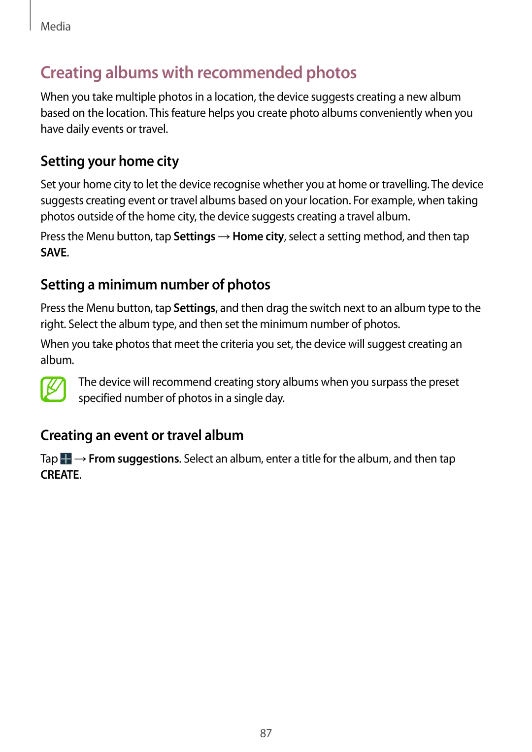 Samsung GT-I9295ZAATWO Creating albums with recommended photos, Setting your home city, Setting a minimum number of photos 