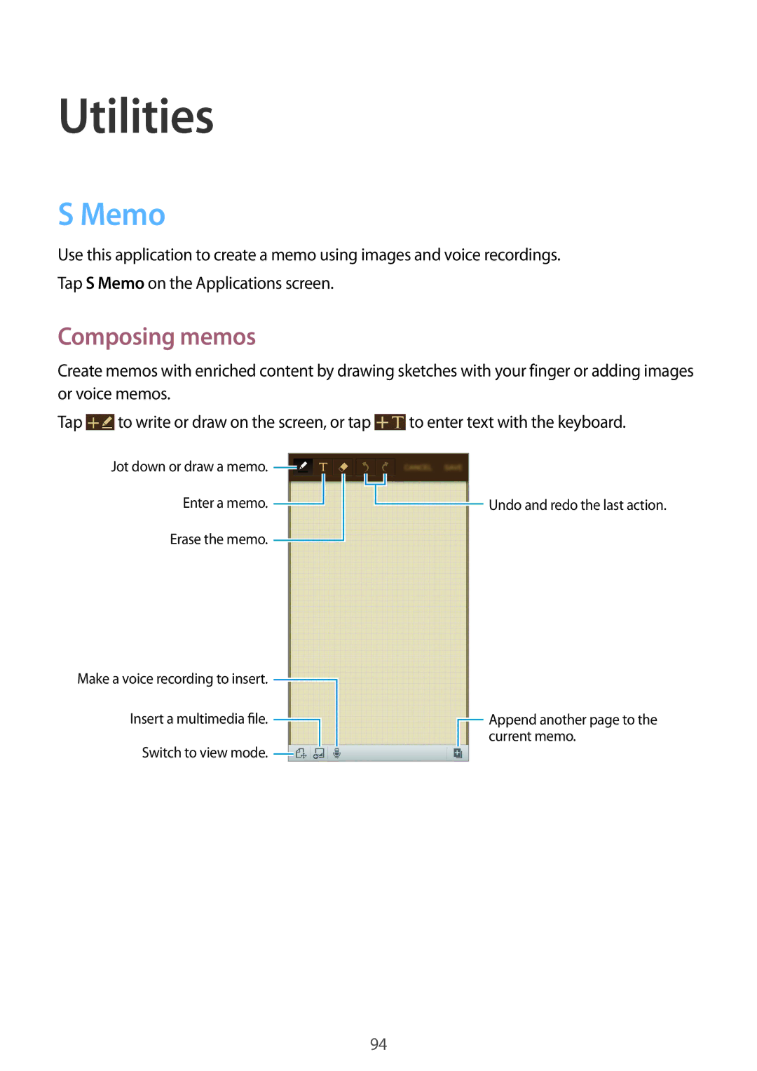 Samsung GT-I9295ZAAETL, GT-I9295ZAAVIA, GT-I9295ZOATUR, GT-I9295ZAAITV, GT-I9295ZAADBT manual Utilities, Memo, Composing memos 