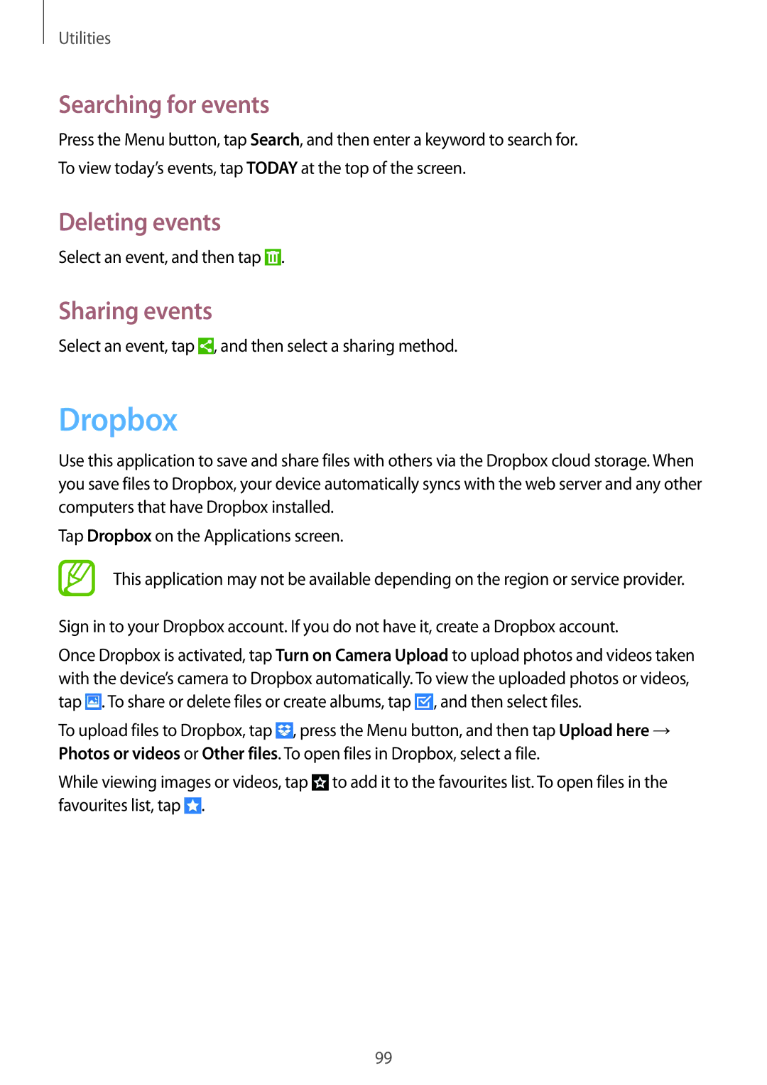 Samsung GT-I9295ZBANEE, GT-I9295ZAAVIA, GT-I9295ZOATUR manual Dropbox, Searching for events, Deleting events, Sharing events 