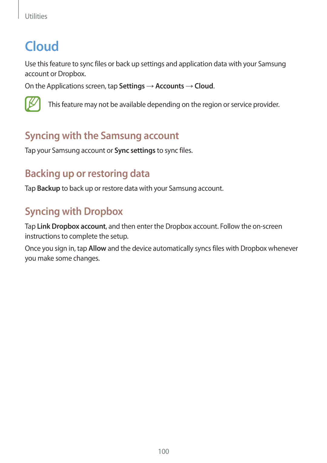 Samsung GT-I9295ZAANEE manual Cloud, Syncing with the Samsung account, Backing up or restoring data, Syncing with Dropbox 