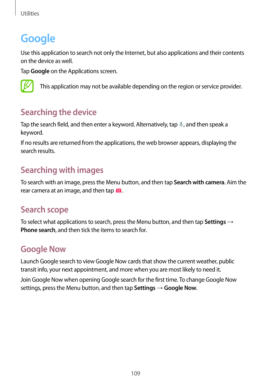 Samsung GT-I9295ZOAXEH, GT-I9295ZAAVIA manual Searching the device, Searching with images, Search scope, Google Now 