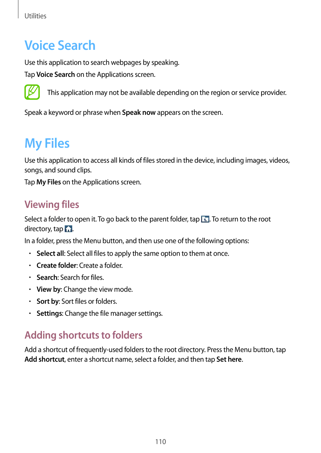 Samsung GT-I9295ZBASER, GT-I9295ZAAVIA, GT-I9295ZOATUR Voice Search, My Files, Viewing files, Adding shortcuts to folders 