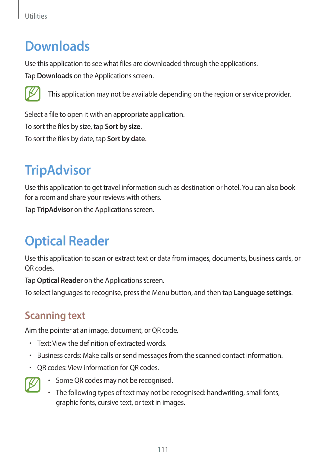 Samsung GT-I9295ZOASER, GT-I9295ZAAVIA, GT-I9295ZOATUR, GT-I9295ZAAITV Downloads, TripAdvisor, Optical Reader, Scanning text 