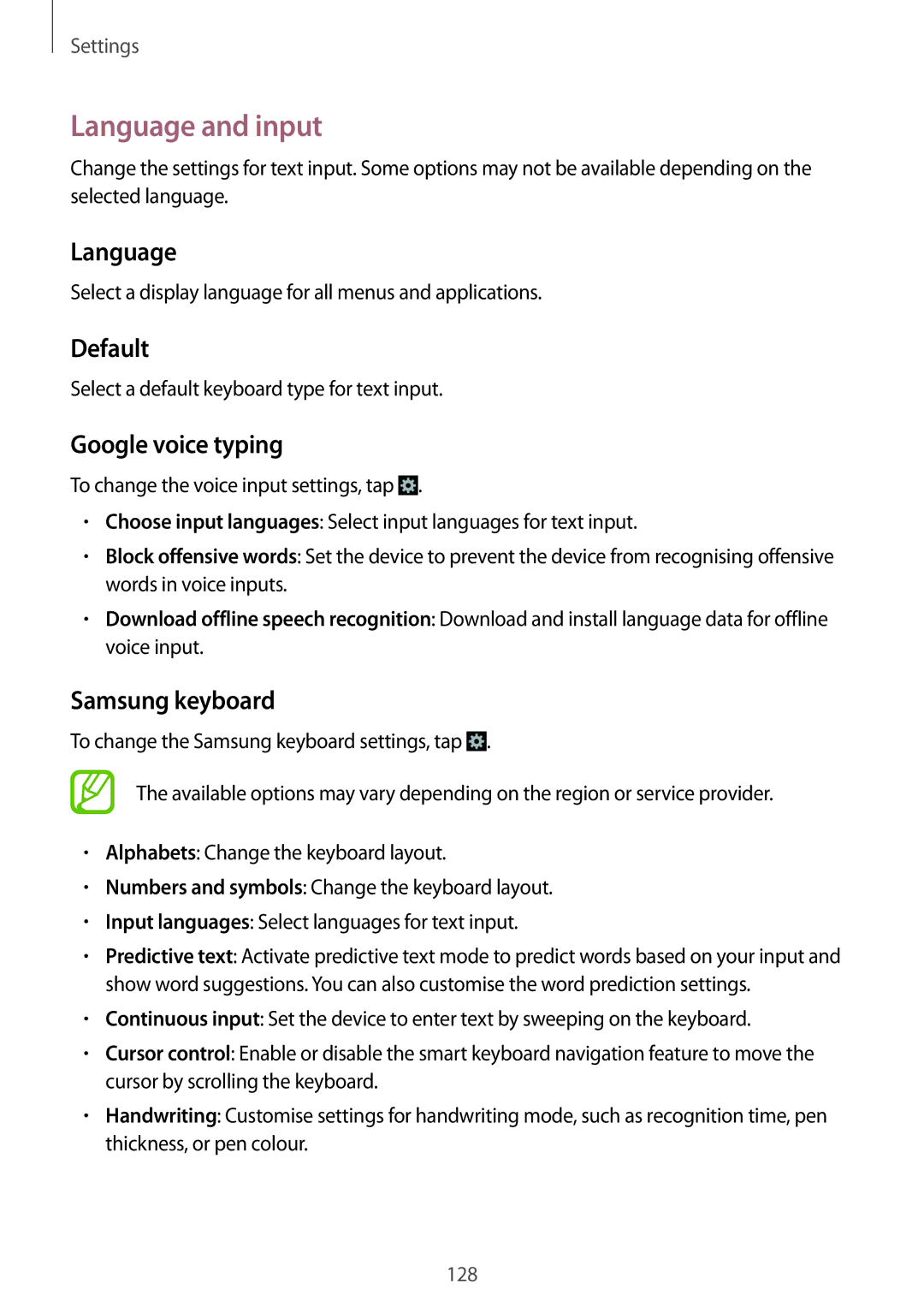 Samsung GT-I9295ZAATIM, GT-I9295ZAAVIA, GT-I9295ZOATUR Language and input, Default, Google voice typing, Samsung keyboard 