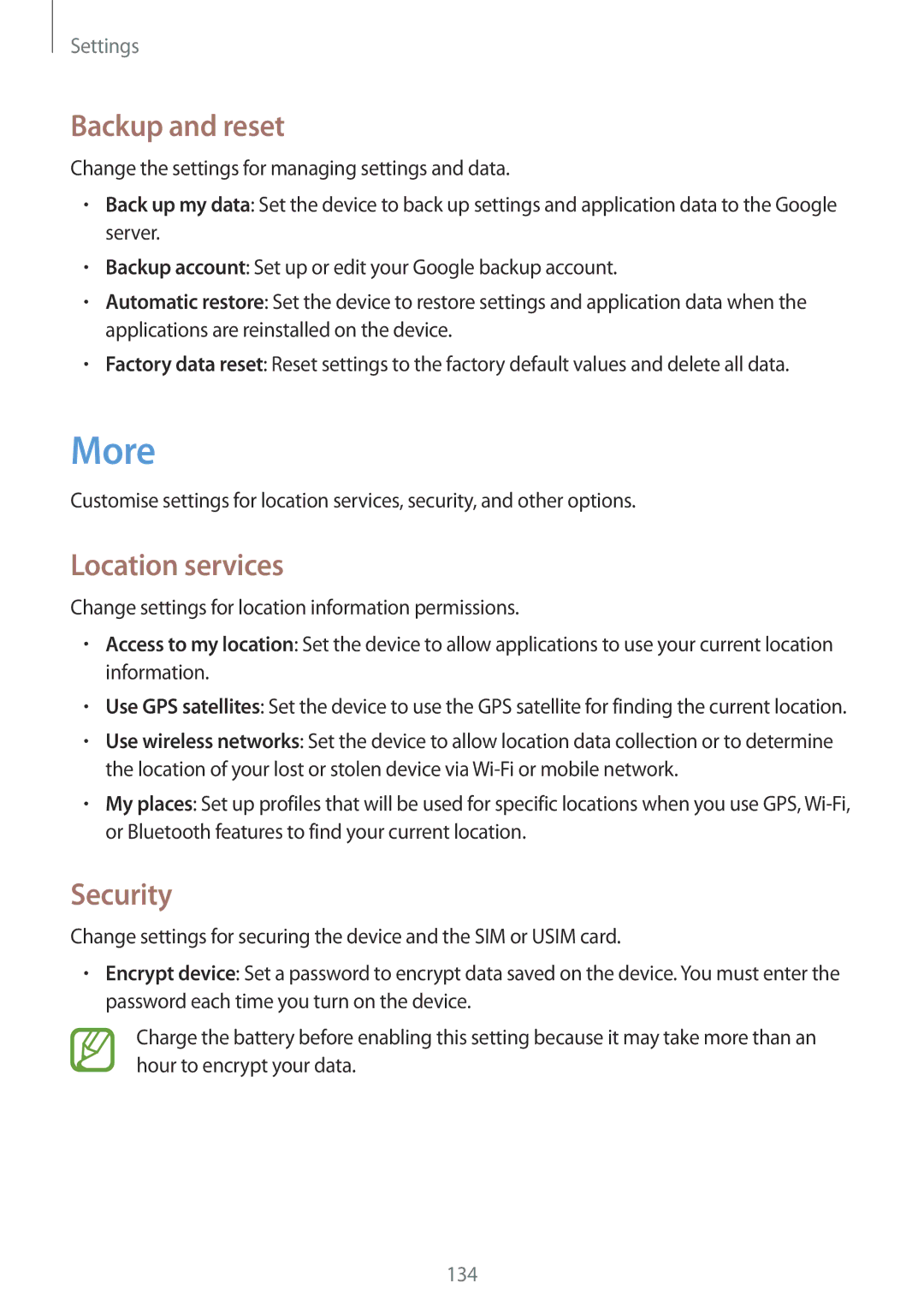 Samsung GT-I9295ZAAKSA, GT-I9295ZAAVIA, GT-I9295ZOATUR, GT-I9295ZAAITV More, Backup and reset, Location services, Security 