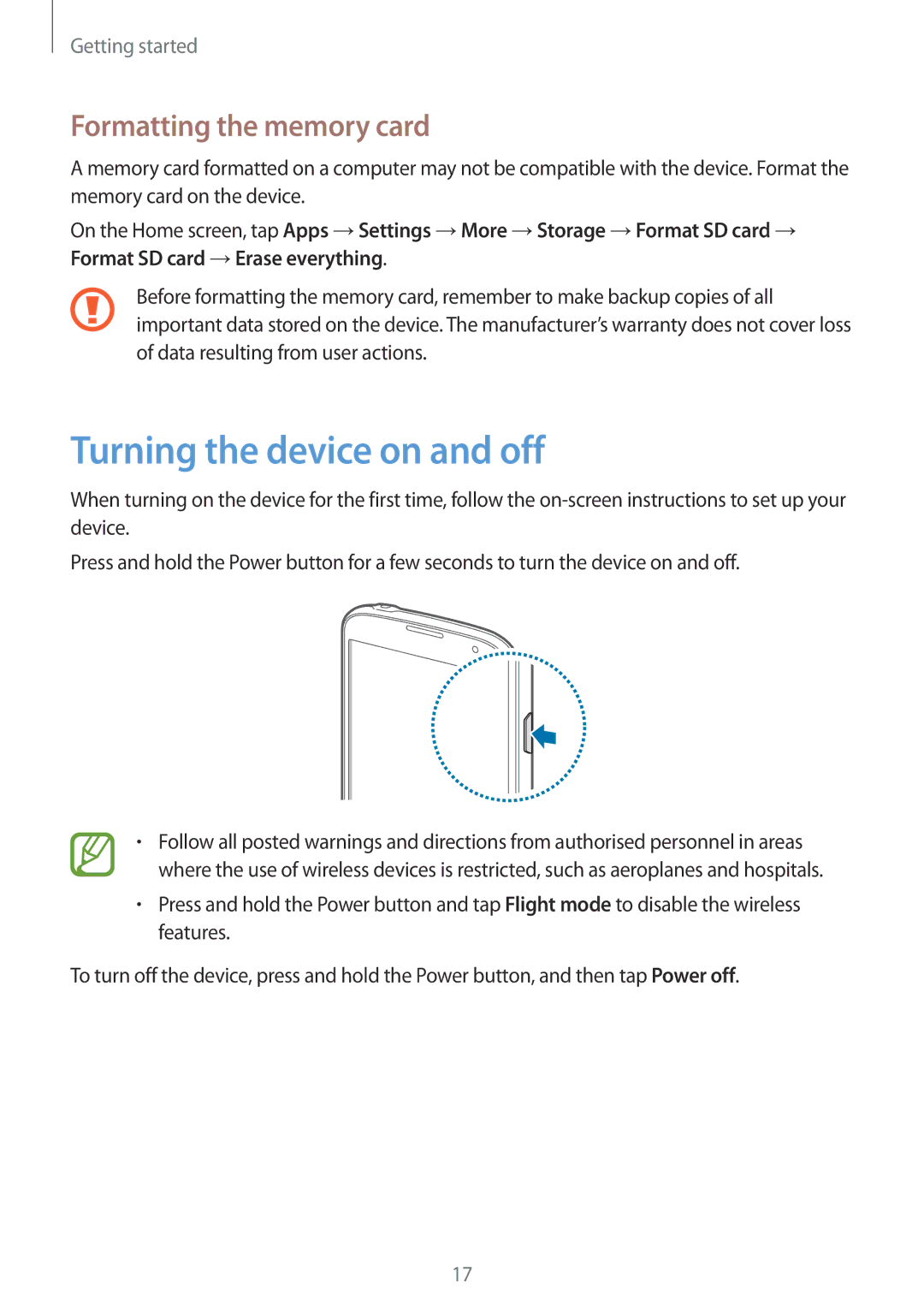 Samsung GT-I9295ZAAPHE, GT-I9295ZAAVIA, GT-I9295ZOATUR manual Turning the device on and off, Formatting the memory card 