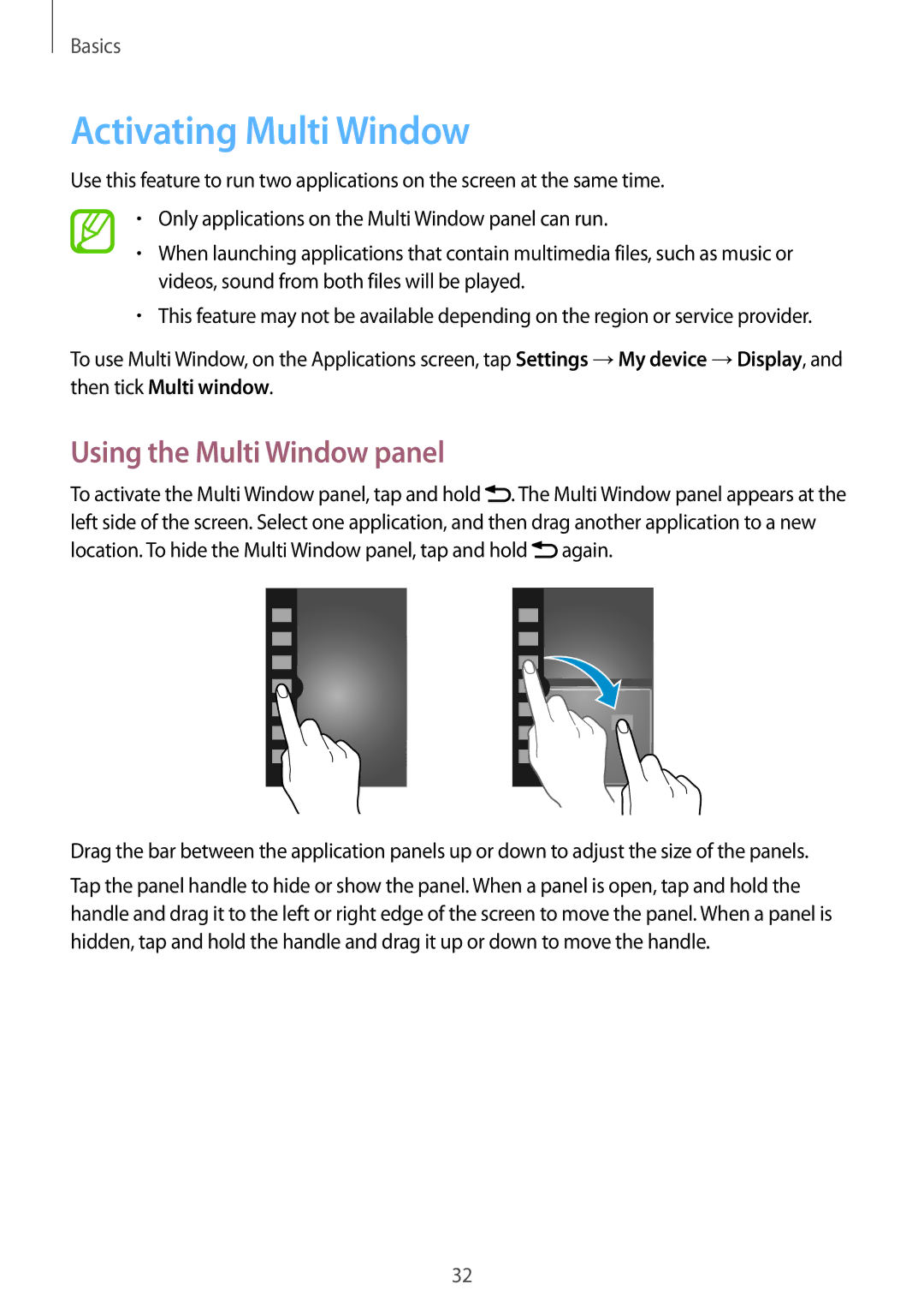 Samsung GT-I9295ZAADRE, GT-I9295ZAAVIA, GT-I9295ZOATUR, GT-I9295ZAAITV Activating Multi Window, Using the Multi Window panel 