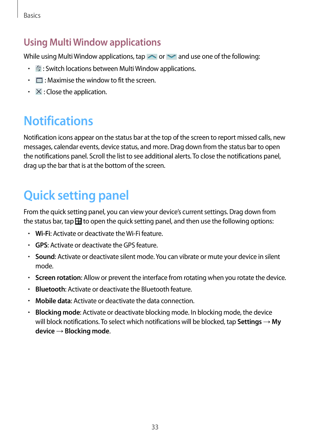 Samsung GT-I9295ZBAETL, GT-I9295ZAAVIA, GT-I9295ZOATUR Notifications, Quick setting panel, Using Multi Window applications 