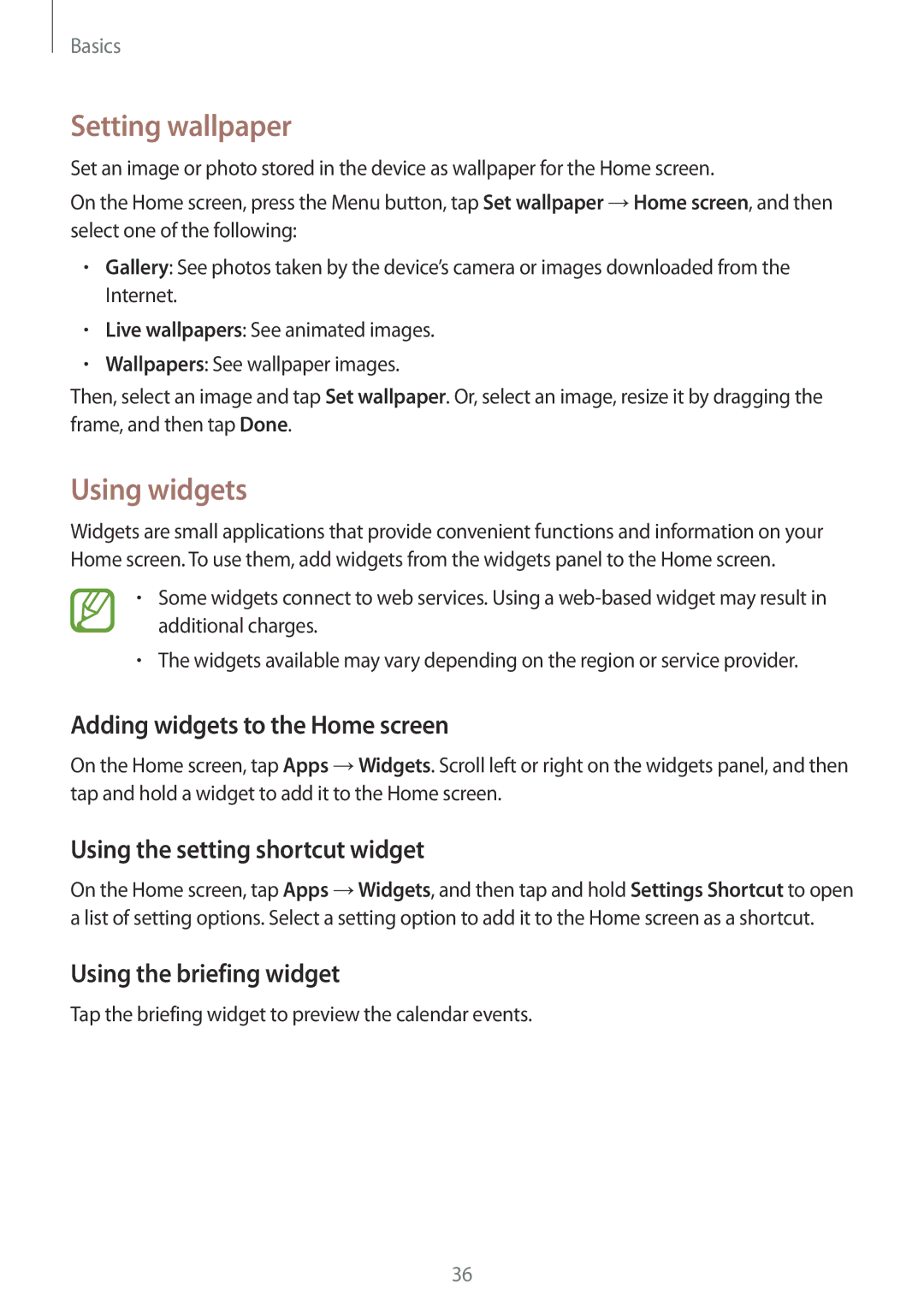 Samsung GT-I9295ZAAXEO Setting wallpaper, Using widgets, Adding widgets to the Home screen, Using the briefing widget 