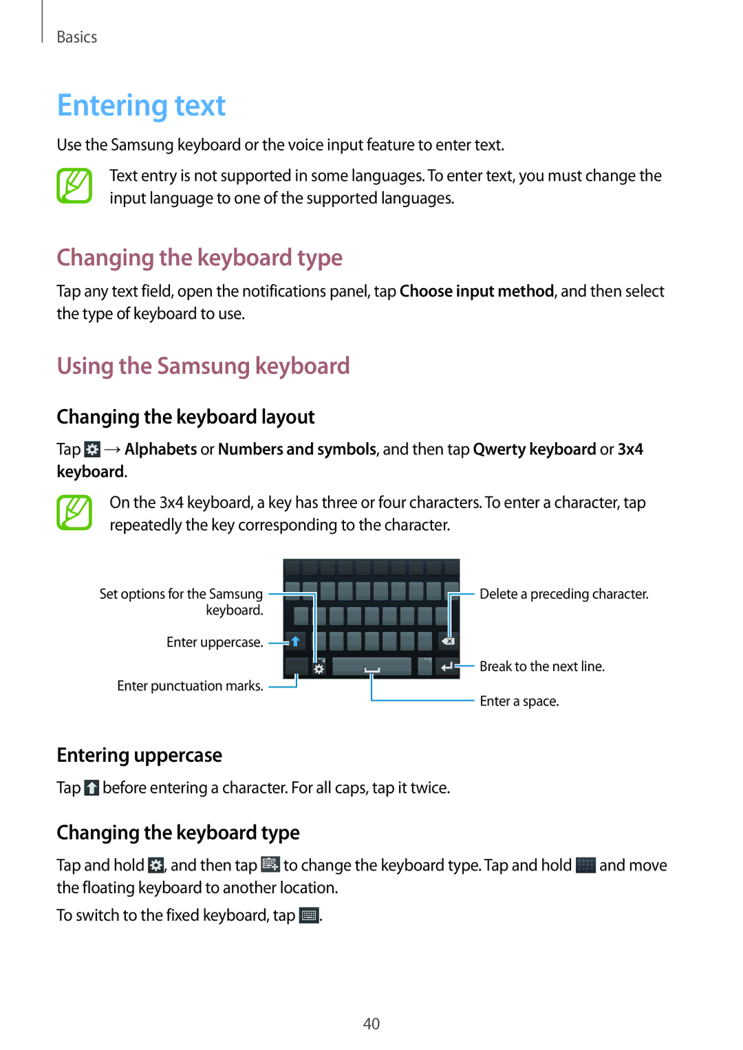 Samsung GT-I9295ZAAMOB, GT-I9295ZAAVIA manual Entering text, Changing the keyboard type, Using the Samsung keyboard 