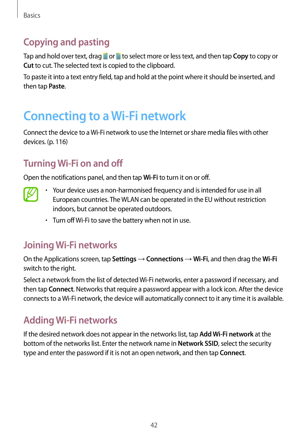 Samsung GT-I9295ZBANEE Connecting to a Wi-Fi network, Copying and pasting, Turning Wi-Fi on and off, Adding Wi-Fi networks 