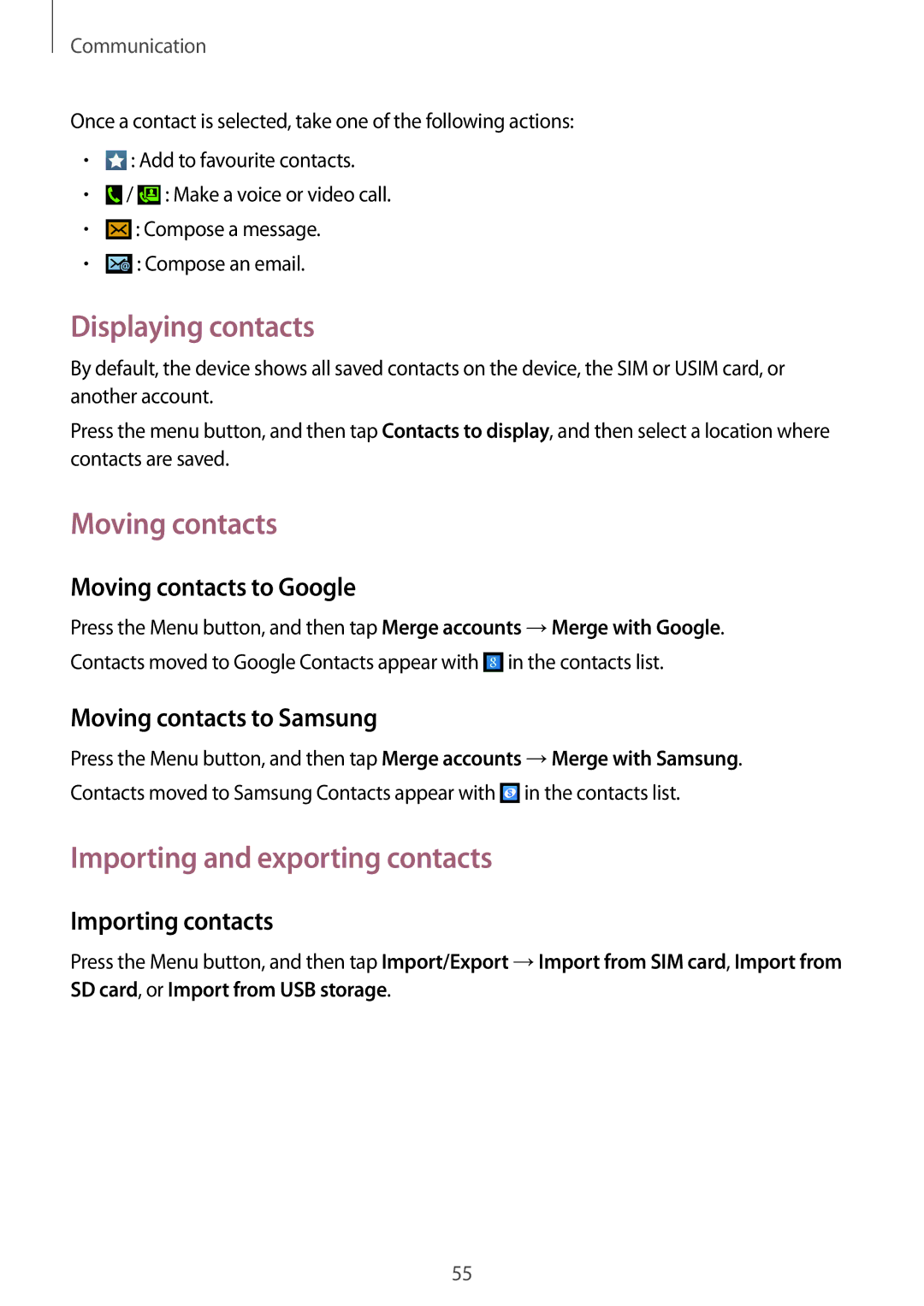 Samsung GT-I9295ZAASER, GT-I9295ZAAVIA manual Displaying contacts, Moving contacts, Importing and exporting contacts 