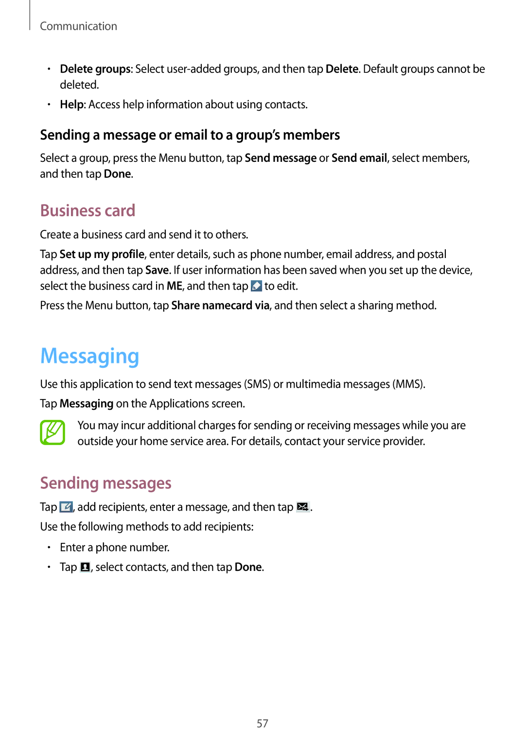 Samsung GT-I9295ZAAVIA manual Messaging, Business card, Sending messages, Sending a message or email to a group’s members 