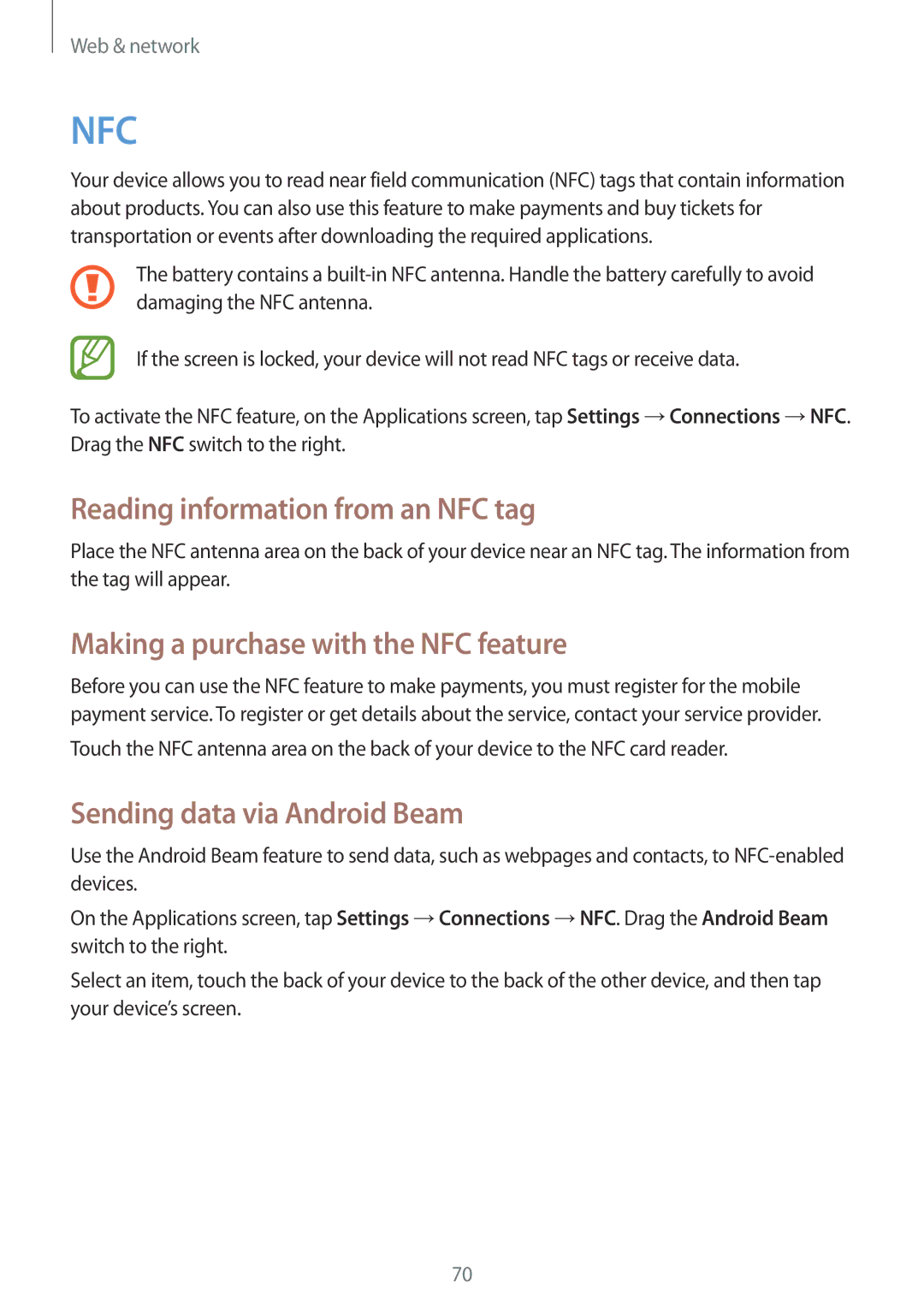 Samsung GT-I9295ZOAITV, GT-I9295ZAAVIA manual Reading information from an NFC tag, Making a purchase with the NFC feature 