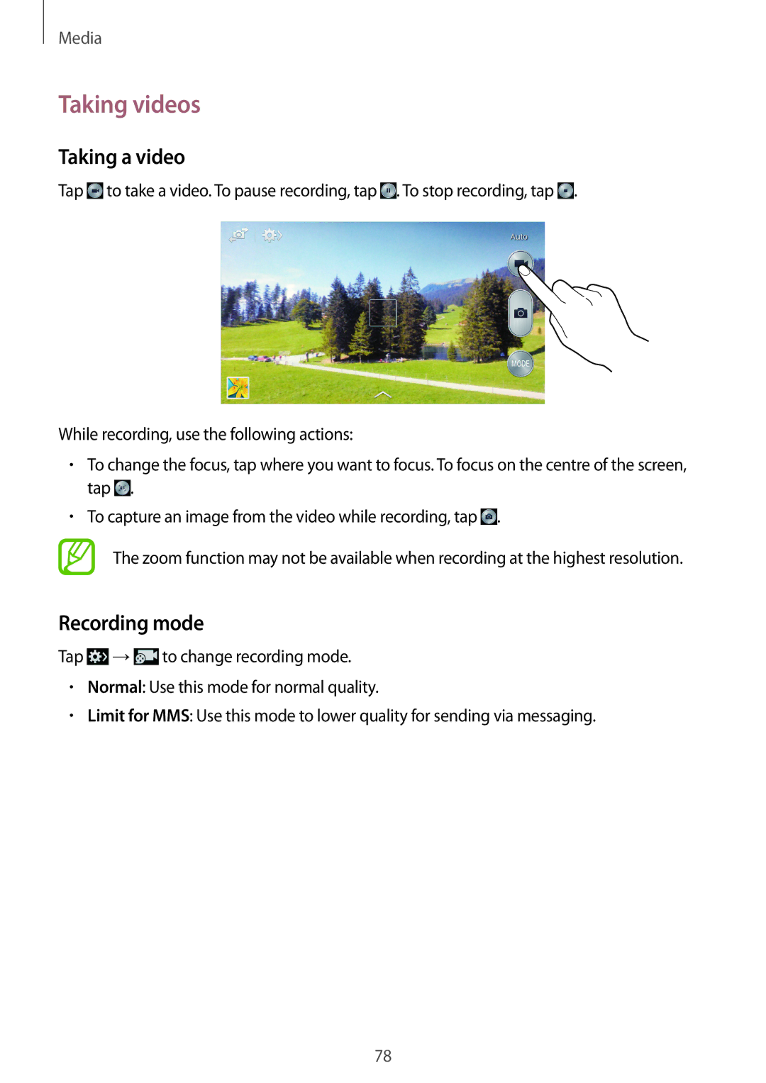 Samsung GT-I9295ZBAKSA, GT-I9295ZAAVIA, GT-I9295ZOATUR, GT-I9295ZAAITV manual Taking videos, Taking a video, Recording mode 