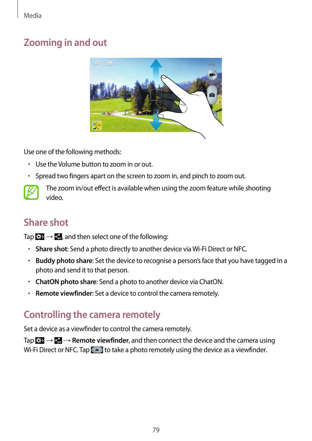 Samsung GT-I9295ZOABGL, GT-I9295ZAAVIA, GT-I9295ZOATUR manual Zooming in and out, Share shot, Controlling the camera remotely 