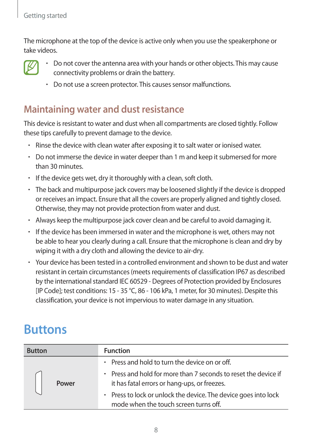 Samsung GT-I9295ZAAEUR, GT-I9295ZAAVIA manual Buttons, Maintaining water and dust resistance, ButtonFunction, Power 