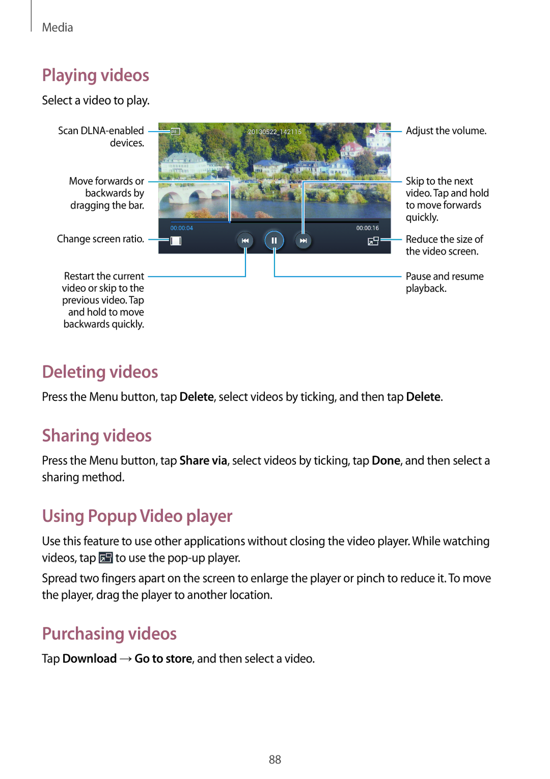 Samsung GT-I9295ZAAROM, GT-I9295ZAAVIA manual Deleting videos, Sharing videos, Using Popup Video player, Purchasing videos 
