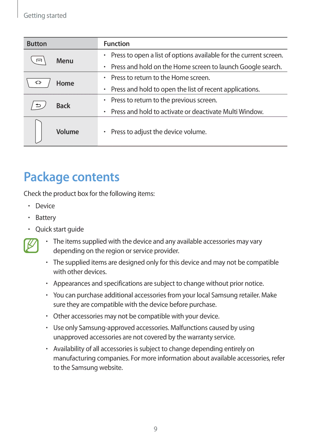 Samsung GT-I9295ZBADBT, GT-I9295ZAAVIA, GT-I9295ZOATUR, GT-I9295ZAAITV, GT-I9295ZAADBT, GT-I9295ZAATPH manual Package contents 